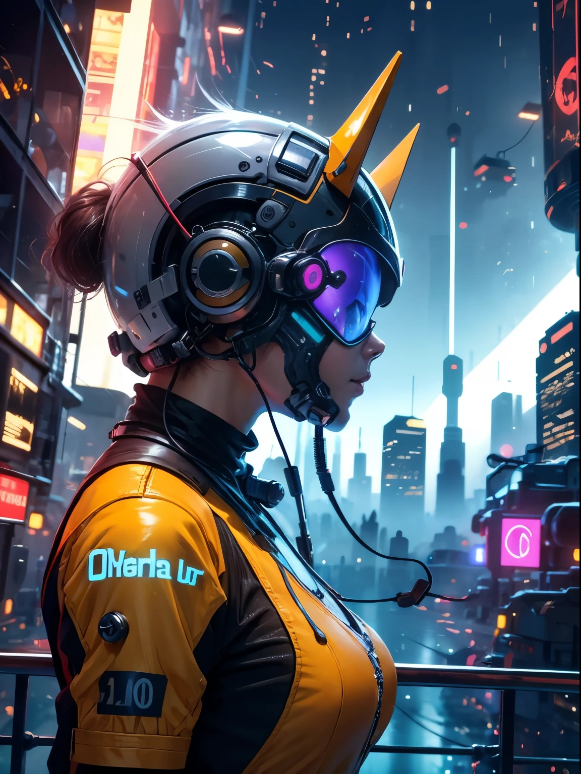 Closeup of a baby wearing gleaming golden helmet, olhos azuis, olhos cobertos, reflective surface on helmet, ((cyberhelmet:1.2 scifi)), Futuristic, cyber wave, fundo cyberpunk 2077, mega cidade, neo cyber world, cinematographic, Contrata, 4k, detalhes intrincados, Grain, side view
