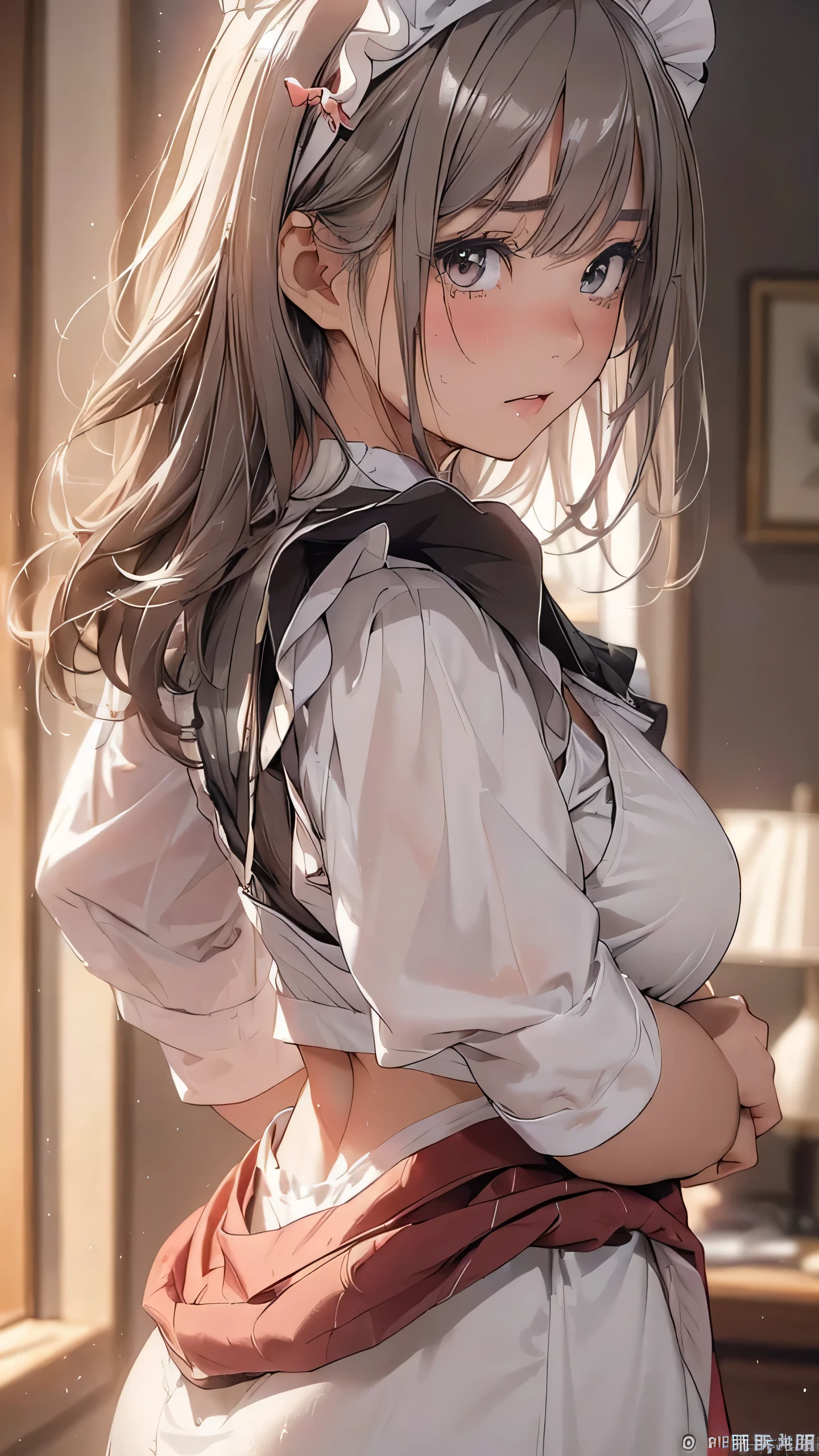 (masterpiece: 1.3), (maximum resolution: 1.2), (ultra high definition tv: 1.2), cinema light, 8K resolution, fine eyes and skin, detailed facial features, , (focus clearly on the chest: 1.2）, (the focus is on the face:1.2),perfect style, cute face, Accurate, anatomically correct, Highly detailed face and skin texture, fine eyes, double eyelid, thin eyebrows, glitter eyeliner: 1 natural cheek, shiny skin, Fair skin, Glossy skin: 1.2, (glossy lips: 1.4),、 (embarrassed look: 1.2),20 year old woman, (detailed face:1.2), (highest quality:1.2), Retrospective shot of rear loam、angle from below, Low - Angle, from behind, cinematic lighting, perfect style, beautiful face, (skirt lift:1.4), loose and wrinkled white panties, stockings, blush、humiliation、impatience、glare、tears、embarrassing、surprised expression、expression of anger、 (Maid clothes:1.5),full of sweat、silver hair、green ash eye、Retrospective shot of rear loam、Low - Angleから、soaking wet、Overflowing sperm、Sperm in the ass、sperm on thigh、flowing sperm(attractive ass:1.2),、exposed panties、disheveled clothes、exposed chest、