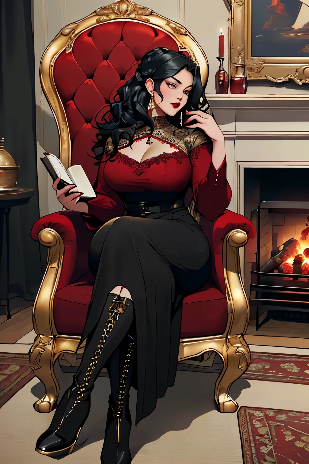 (High-quality, 4k, 8K, best resolution, masterpiece: 1.2), a plus-size woman ((black curly hair tied up high, model plus size, brilliant hazel eyes, red lips)), wearing ((a black and red princess gown with a high-heeled boot, holding a book in one hand and a glass of wine in the other)), in a ((richly decorated, sophisticated environment)), seated ((on a plush armchair, exuding an air of elegance and relaxation)).