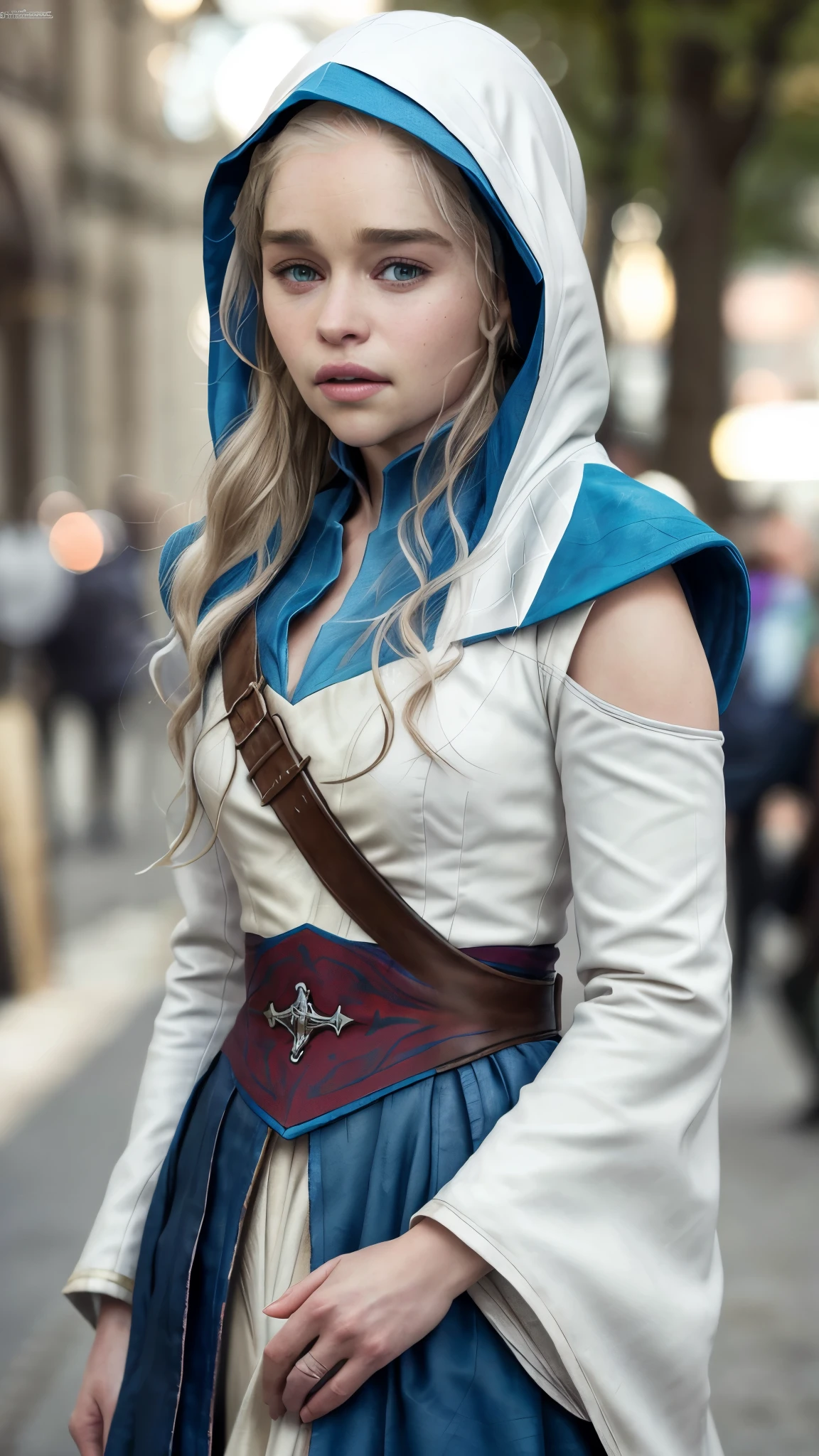 assasin's creed style, ((Emilia Clarke)) as an assasin, blue hooded cloak with white patterns, high boots on heels, on the street, sunlight, ((photorealistic), realistic face), beautifully detailed woman, realistic face, detailed mouth, extremely detailed eyes_and_face, beautiful attractive face, beautiful detailed eyes, (photorealistic), pronounced feminine feature, perfect fit body, smooth skin, dynamic posing, toned body, flat belly, perfect feminine hands, color HD photo, autochrome, (full-body shot, high quality photo, masterpiece), HDR, 8K resolution, analogue RAW DSLR, best quality, absurdres, vivid vibrant colors, skin pores, intricate detail, (intricately detailed face_and_eyes), realistic human hands, sophisticated detail, (realistic lighting, sharp focus), centerfold, bokeh, official art, 8k wallpaper, ultra high res, professional photography