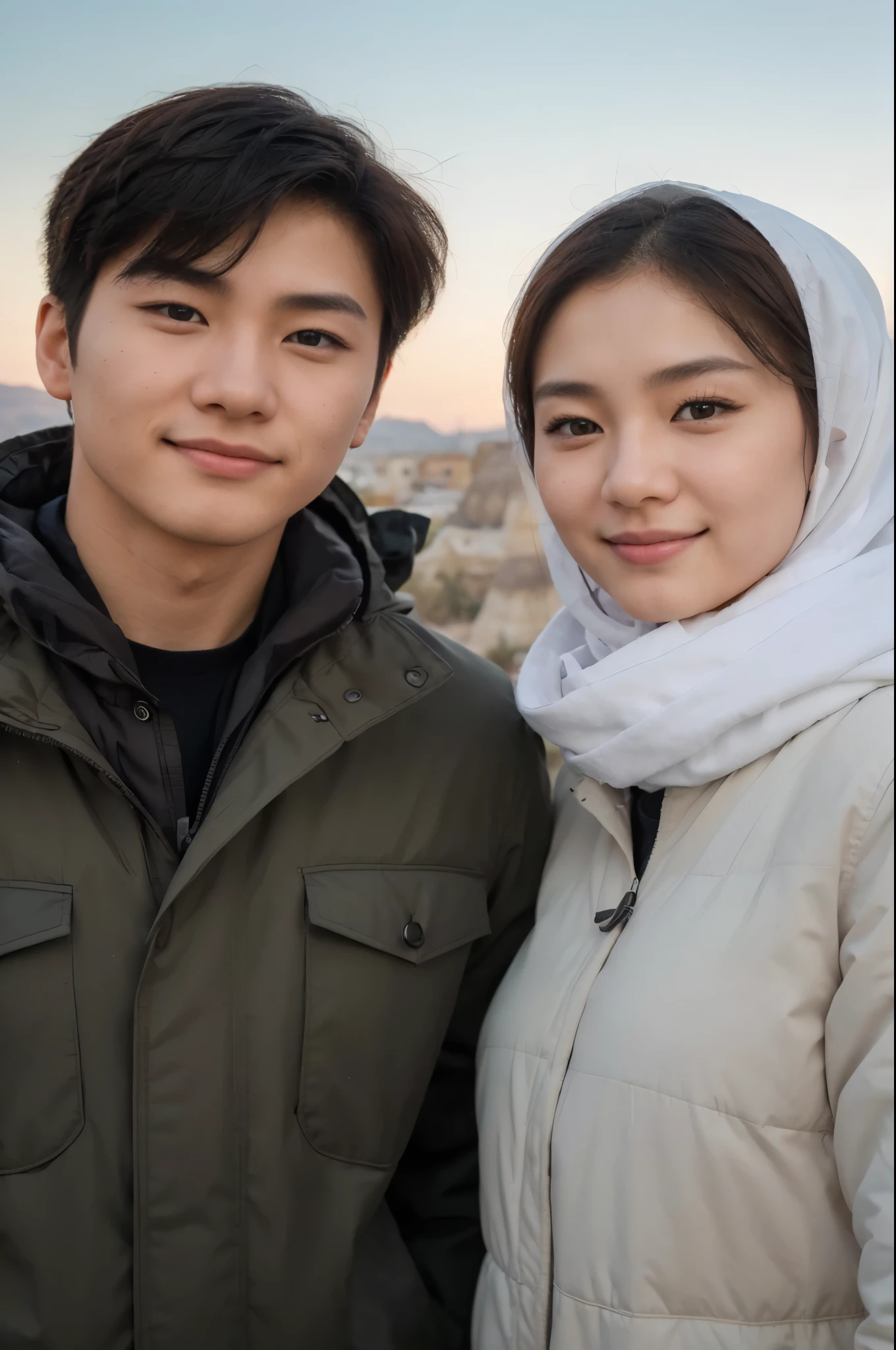 (8K, RAW Photos, Photography, Photorealistic, Realistic, Highest Quality, Intricate Detailedium shot of a 25 year old korean man, fit body, ideal body, oval face, white skin, nature skin, medium hair, wearing a winter jacket, side by side with a 25 year old korean woman with white hijab, gray winter jacket, they smile facing the camera, eye to camera, eye level angle with Cappadocia view in the background.