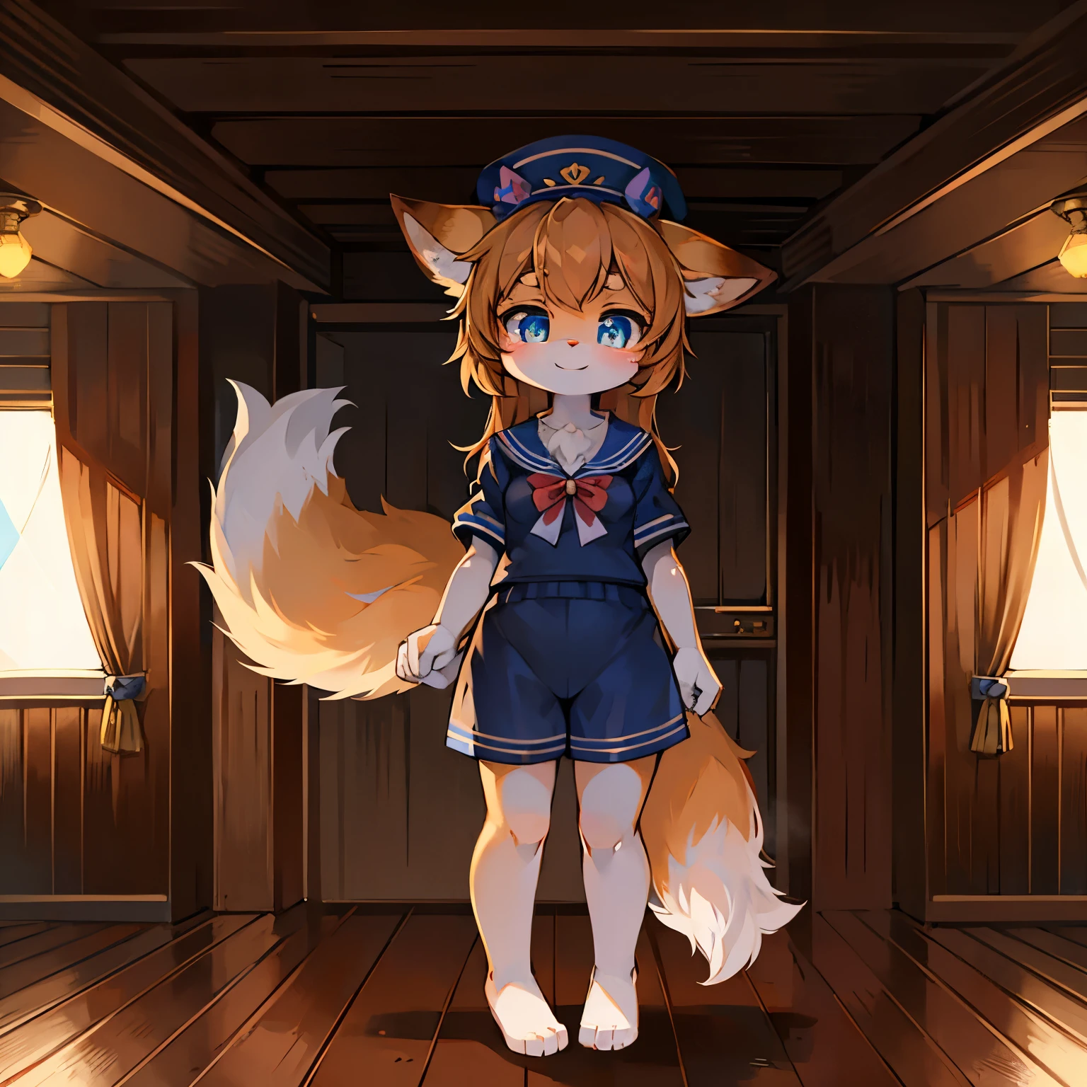 On the bow deck of the ship,fox girl,female focus,Furry women,Characteristics of a three-year-old girl,Furry loli,One meter six height,blue pupils,Bright Eyes,Smile,Sailor suit,sailor hat,shorts,Standing posture