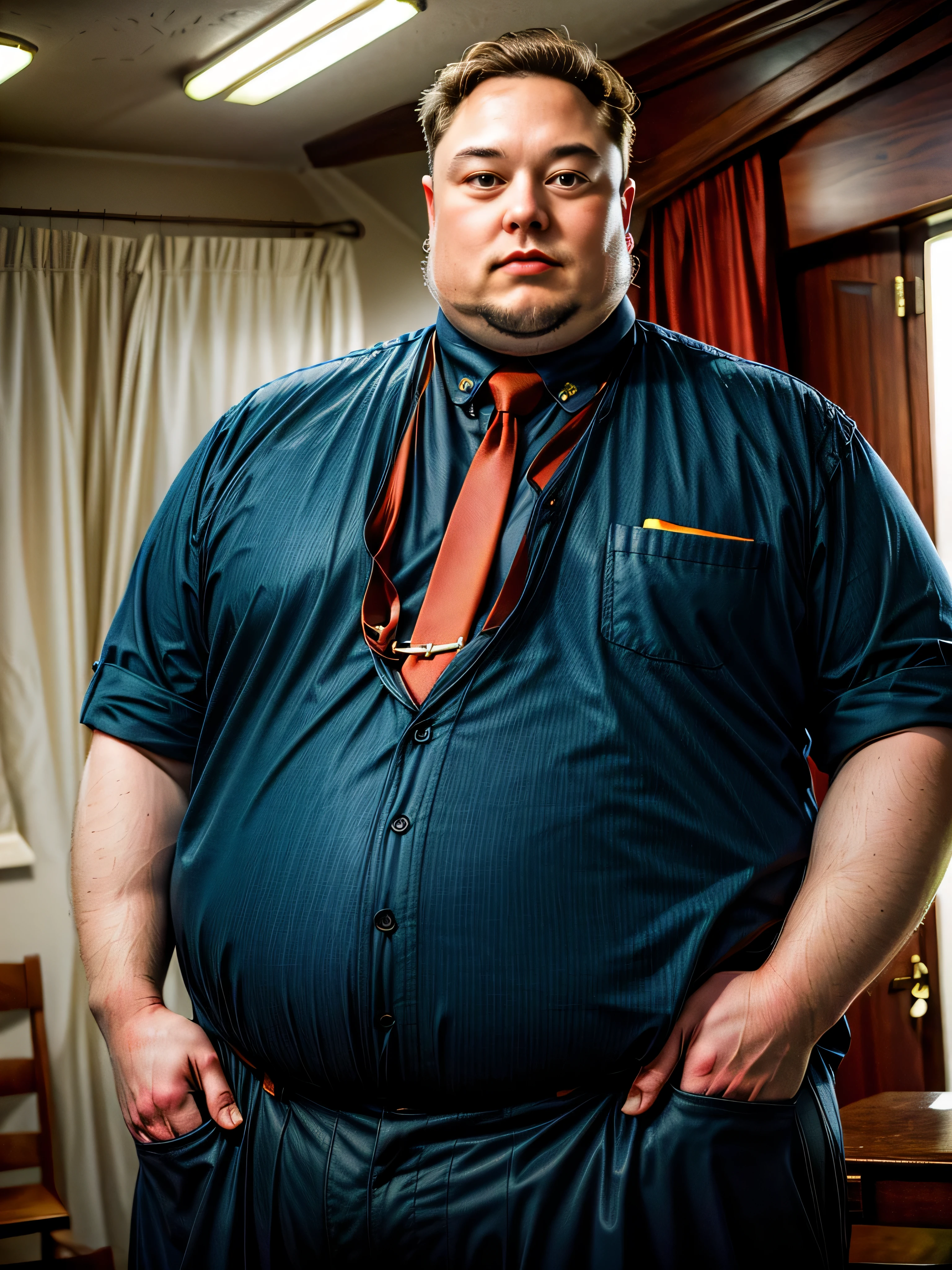 1930, massachusetts mountain village. Pre-raphaelite ((((45-year-old)) extremely fat, 830 pounds heavy Elon Musk, in a suit pertially nude except for suspenders, a rocket in the background ((((Clothingstyle from the 1930s)))) ((Wes Anderson cinematic style)), colorful. 