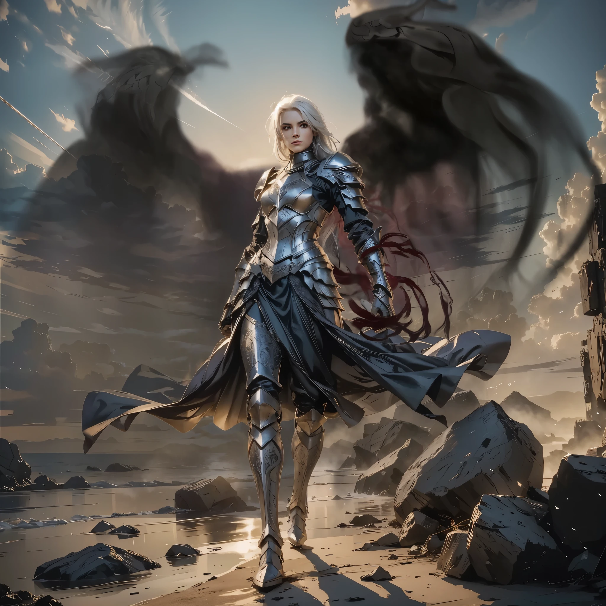 Female Knight. Plated armor with intrincate carvings. Proud look. White hair. Long hair.