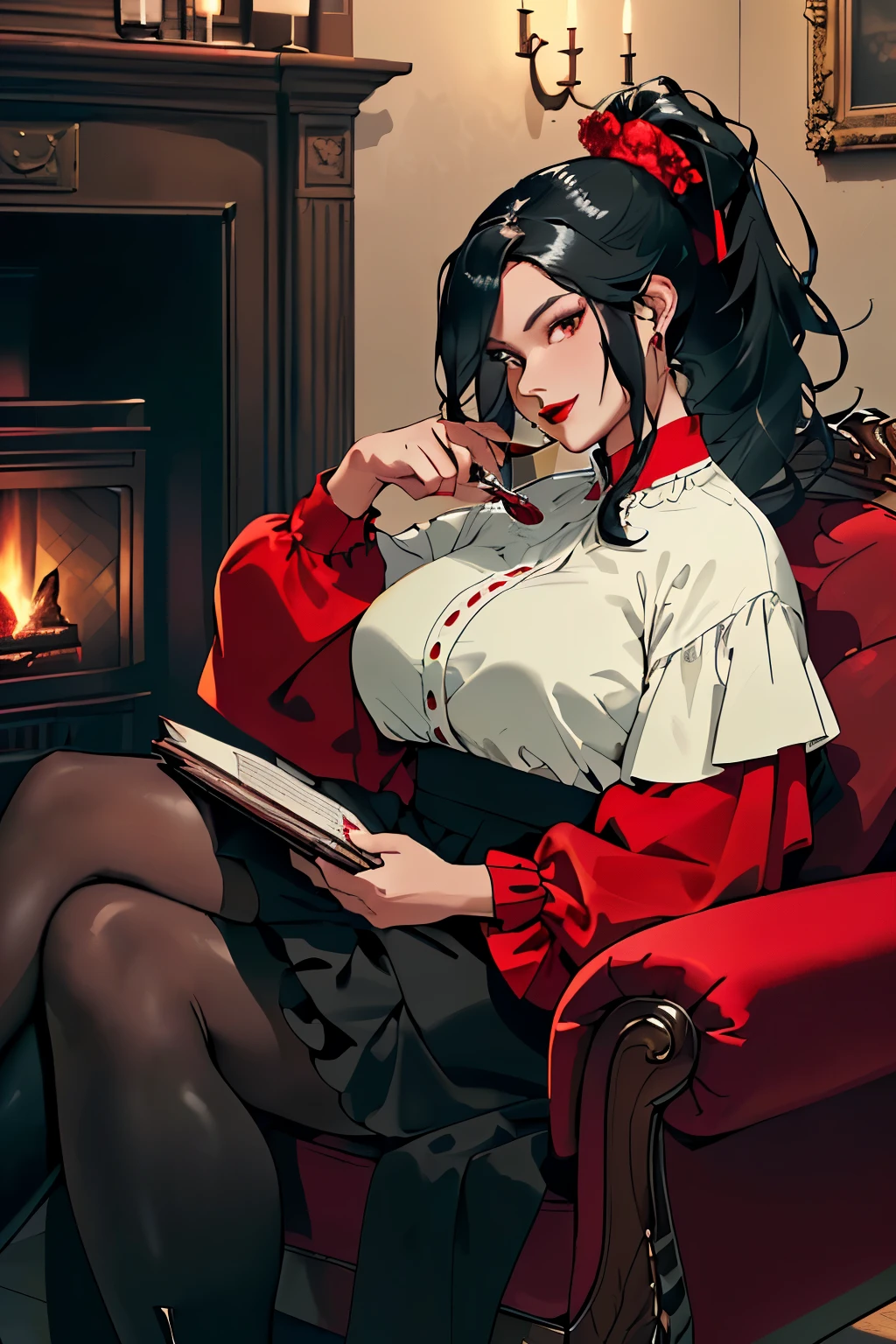 (High-quality image: 4k, 8K, best resolution, masterpiece: 1.1), A plus-size woman ((black hair tied up with a high ponytail, model plus size, shiny castanet eyes, red lips)) is wearing ((a black and red princess gown with a high-waisted petticoat, a tall heeled boot with a pointed toe, holding a book in one hand and a glass of wine in the other)). The setting is ((a cozy and dimly lit room with plush red armchairs and a crackling fireplace in the background)). The woman is seated ((on a plush red armchair with a peaceful expression on her face, legs