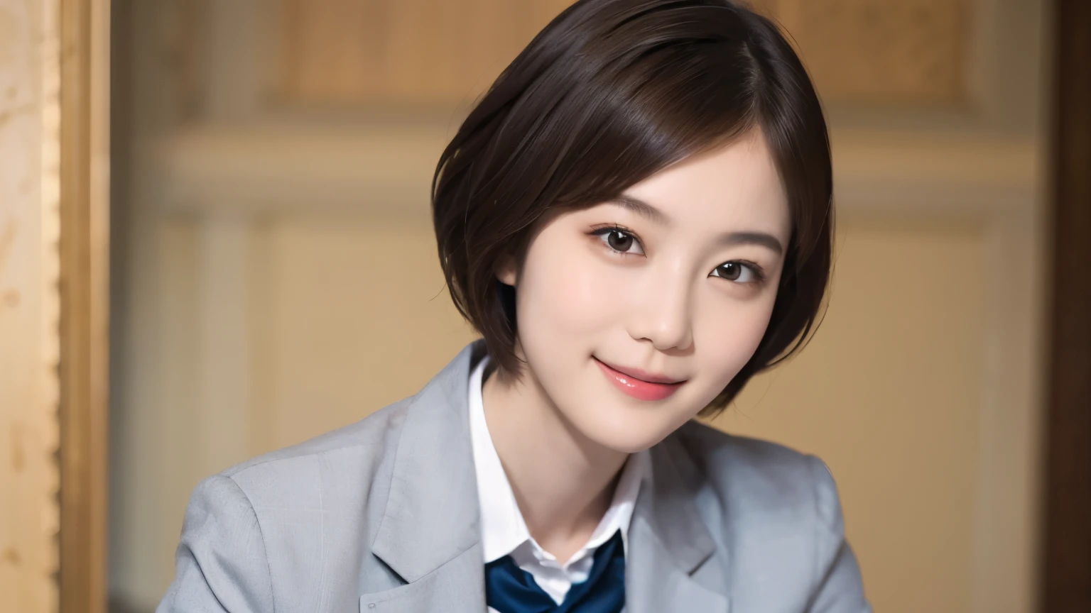 168
Shorthair, a 20 yo woman, gentle smile, working suit