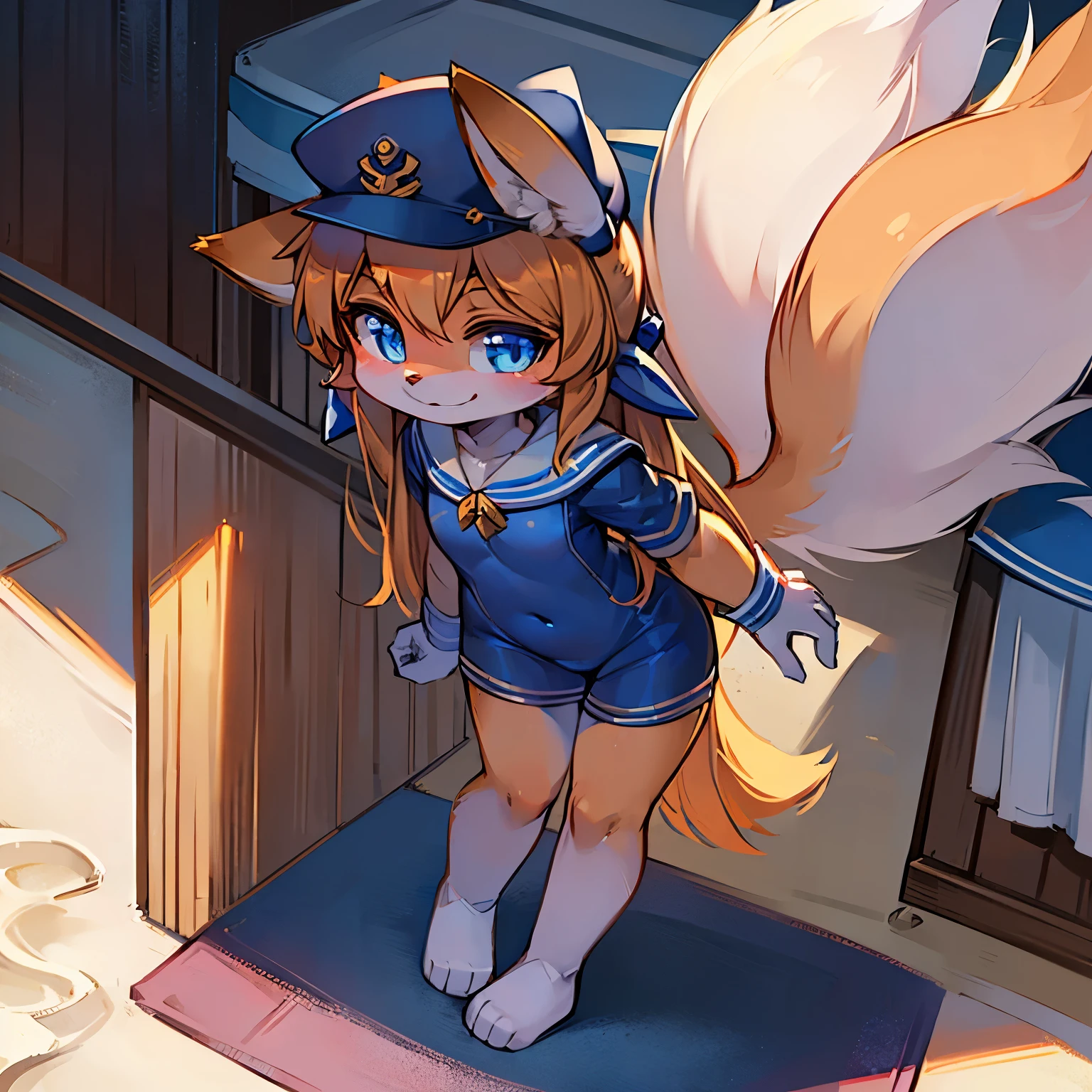 on the beach,fox girl,a tail,female focus,Furry women,Characteristics of a three-year-old girl,Furry loli,One meter six height,blue pupils,Bright Eyes,Smile,Sailor suit,sailor hat,shorts,Standing posture