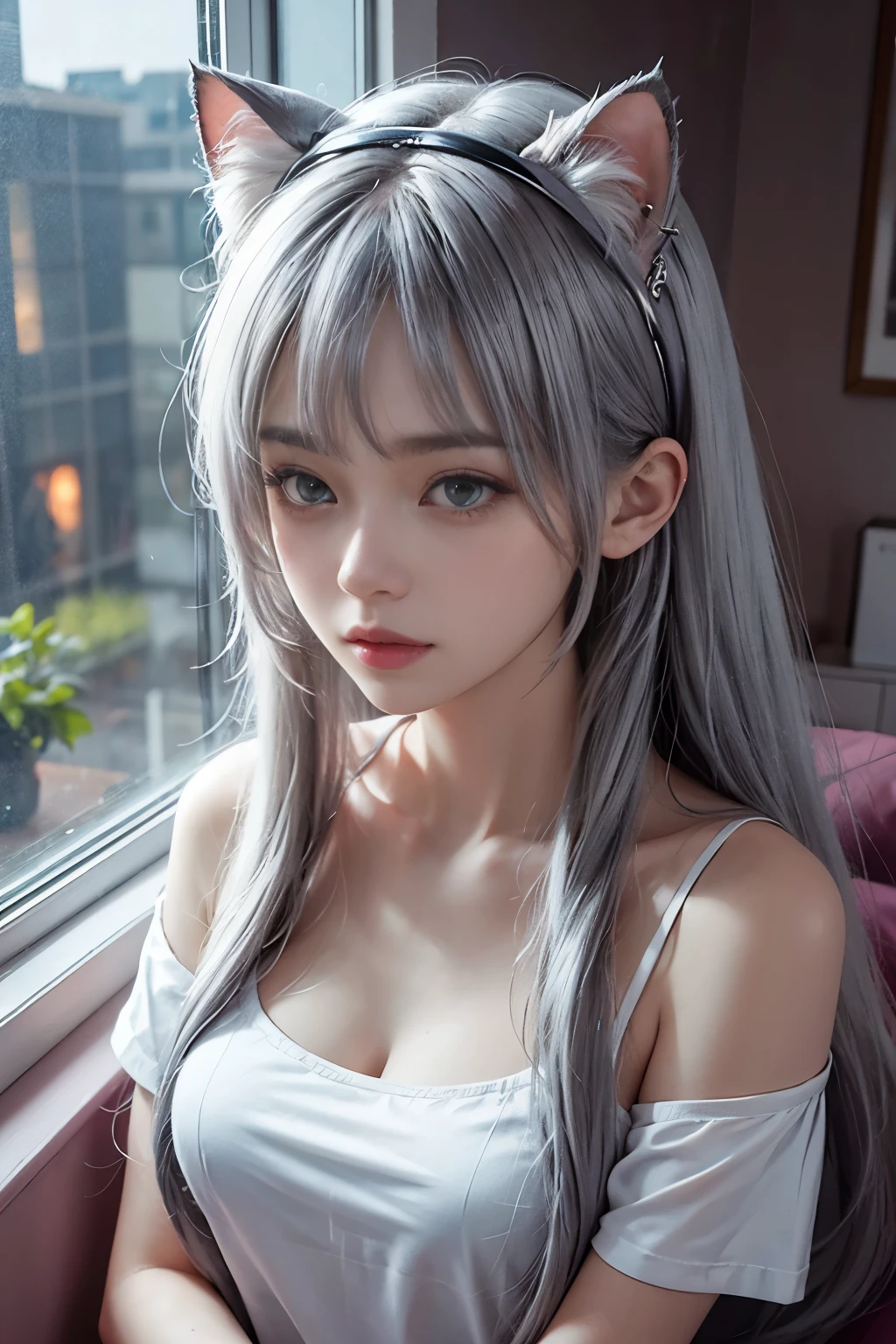 Lean on window, sad, Silver hair, hair bang, cat ears headband, shining hair, skin pores, shining skin, pink t-shirts, in room, rain outside the window, night, lovely, beautiful