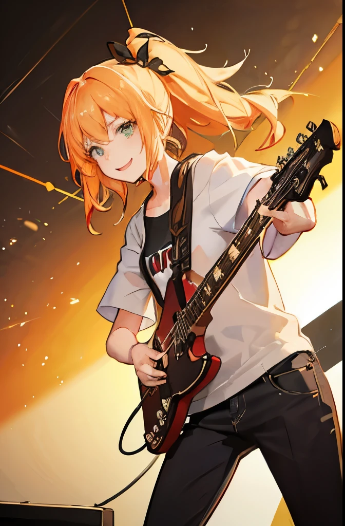 realistic, ロックバンドperformance, a lot of spectators, enthusiasm, trio of guitar, bass and drums, high school student, 18-year-old, Dynamic and energetic live performance, performance, bright, smile, Spotlight, light effects