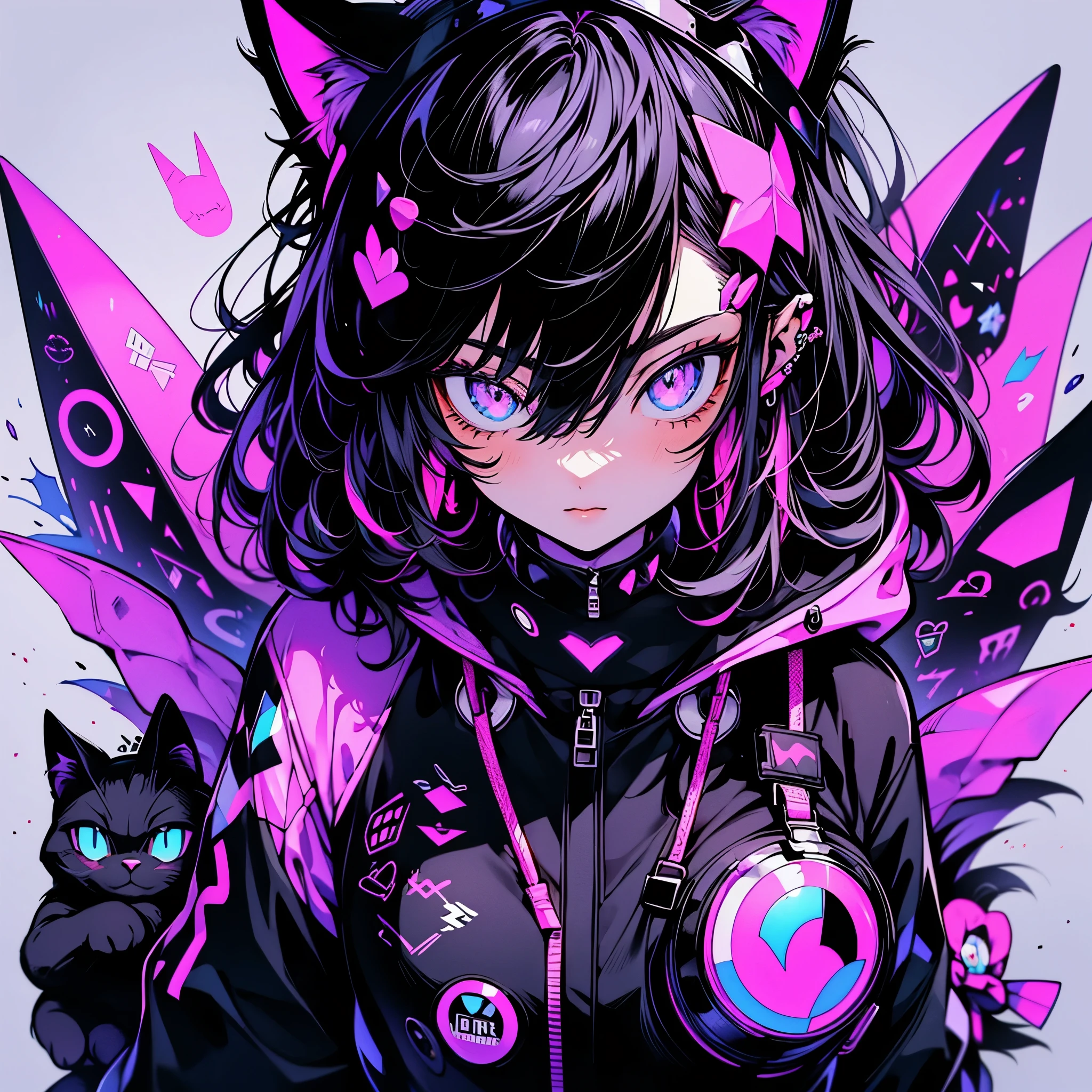 anime girl with black hair and a cat hat, anime style illustration, moe artstyle, wallpaper 8 k, digital illustration, beautiful catgirl, she wears a hoodie with animal ears and technowear technology, futuristic fashion in black and holographic colors, many details and buttons on it, cables coming out of the sleeves, the background is that of a simple pattern with cat motifs and paws, purple and black, black cat eyes, holographic, holo details