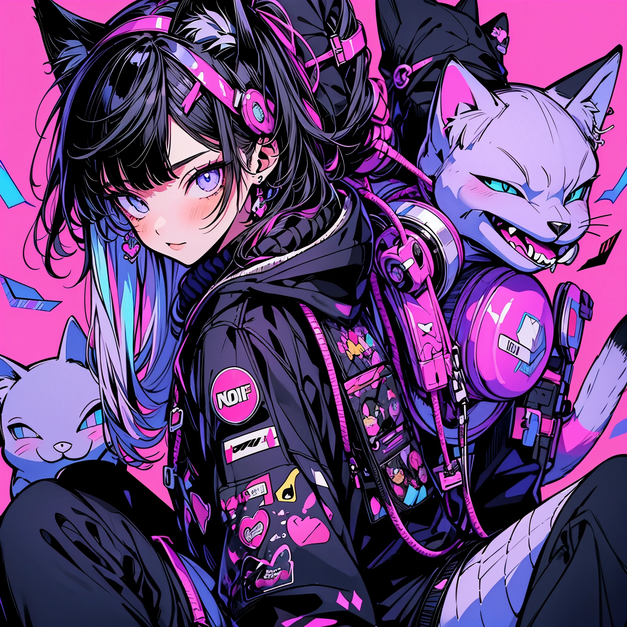anime girl with black hair and a cat hat, anime style illustration, moe artstyle, wallpaper 8 k, digital illustration, beautiful catgirl, she wears a hoodie with animal ears and technowear technology, futuristic fashion in black and holographic colors, many details and buttons on it, cables coming out of the sleeves, the background is that of a simple pattern with cat motifs and paws, purple and black, black cat eyes, holographic, holo details