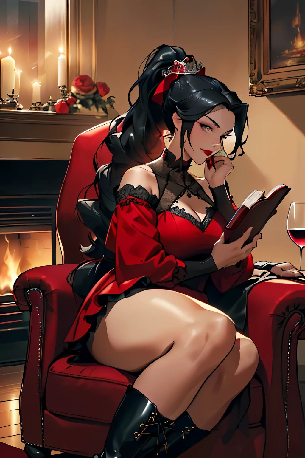 (High-quality image: 4k, 8K, best resolution, masterpiece: 1.1), A plus-size woman ((black hair tied up with a high ponytail, model plus size, shiny castanet eyes, red lips)) is wearing ((a black and red princess gown with a high-waisted petticoat, a tall heeled boot with a pointed toe, holding a book in one hand and a glass of wine in the other)). The setting is ((a cozy and dimly lit room with plush red armchairs and a crackling fireplace in the background)). The woman is seated ((on a plush red armchair with a peaceful expression on her face, legs