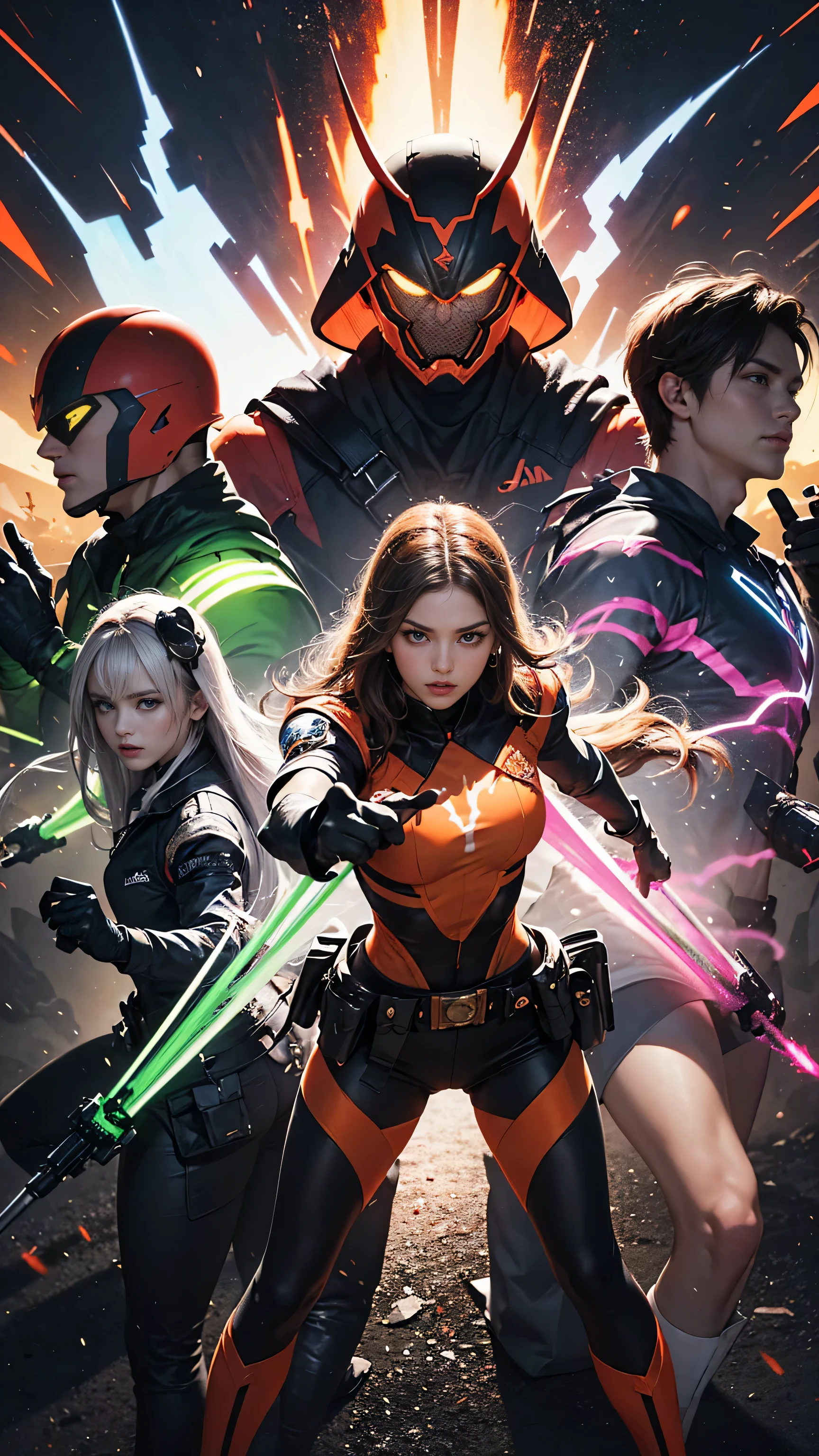 A brave and bold image of a team of six rangers, Each is decorated with one of the following vibrant colors: neon pink, Sunset Orange, fire engine red, plasma violet, Fluorescent Green, and shocking yellow. A dynamic pose with a background that oozes energy and courage.。, Embodying the essence of the classic Sentai superhero team. Each ranger&#39;s costume is sleek and modern, Use elements that reflect each color theme, Ready for action.