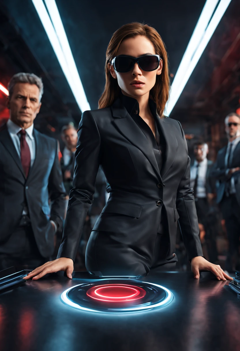 ((Female MIB agent)), best quality,4k,highres,masterpiece:1.2,ultra-detailed,realistic,professional,studio lighting,sharp focus,physically-based rendering,extreme detail description, HDR,colorful, vibrant colors,black suit,secret agent,serene expression,detailed face,confident posture,sunglasses, Men in Black headquarters, futuristic background,high-tech gadgets and devices,flash device with red button,amnesia effect,individuals forgetting events,blurry memories,confusion,mysterious atmosphere