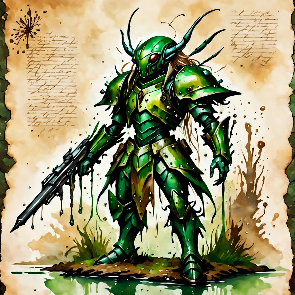 Elf with swamp-green skin and hair and covered in brown and dull-green mecha beetle-like armor with cannons and extra weaponized limbs background junglebattleground, ink art style