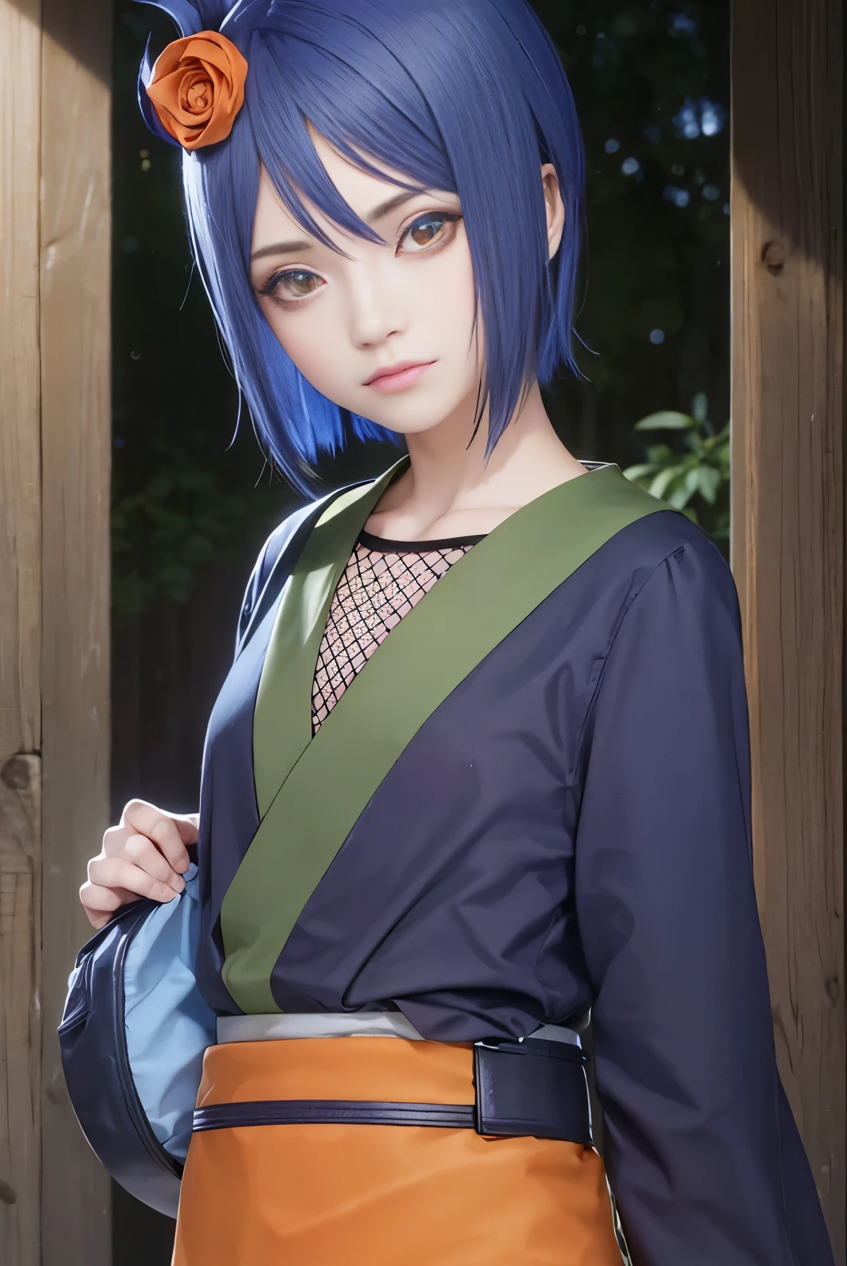 konan, konan, blue hair, (orange eyes:1.5), short hair, hair ornament, flower, hair flower,
BREAK fishnets, japanese clothes, skirt,
BREAK cowboy shot, looking at viewer,
BREAK outdoors,
BREAK (masterpiece:1.2), best quality, high resolution, unity 8k wallpaper, (illustration:0.8), (beautiful detailed eyes:1.6), extremely detailed face, perfect lighting, extremely detailed CG, (perfect hands, perfect anatomy),