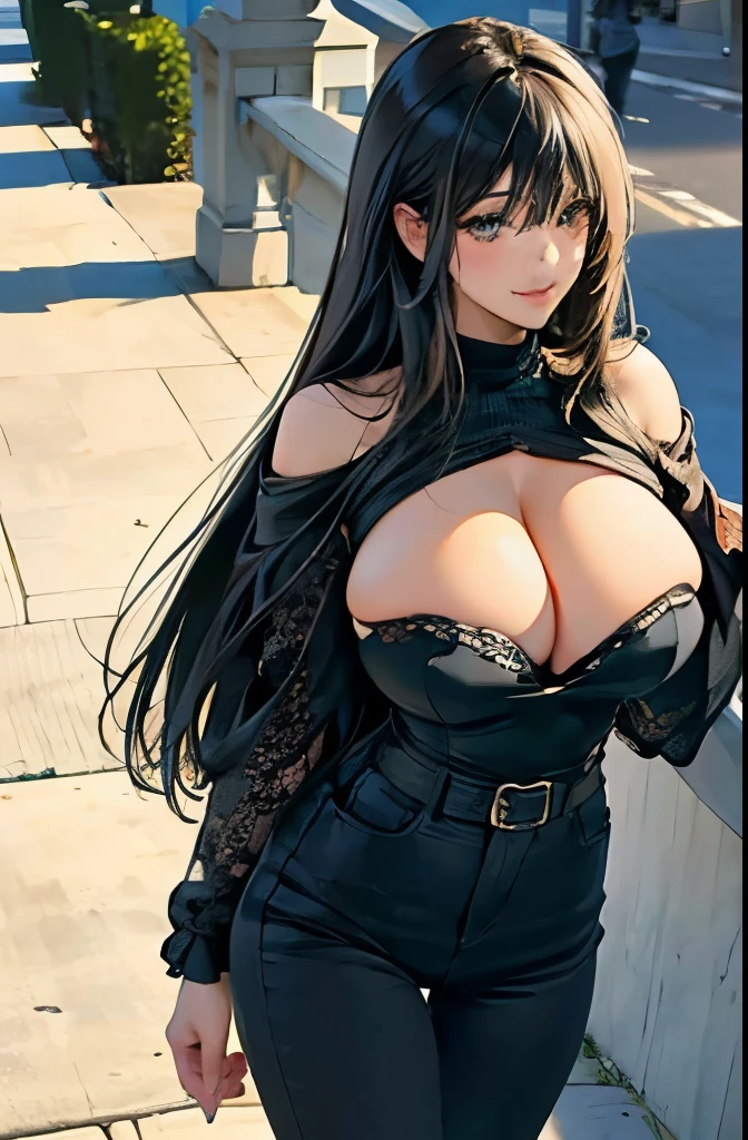 Big breasts, she is a Milf ((beautiful and cute 28 year old woman)), (((((long, straight and flowing natural black hair with bangs))))), double eyelids, green eyes, clear and detailed, hyper detailed, light effect on the eyes, detailed iris, sensual body, perfect waist, off-the-shoulder sweater, jeans, cleavage, ( (masterpiece, hyper realistic, hyper detailed, best quality, 16k, light and shadow on the skin, bright colors)), eyeliner, sensual expression, perfect lips, innocent and sexy face, ((skin with light and shadow), beautifully seductive and embarrassed woman, smile of happiness ((she is beautiful)), looking at the spectator, on the street