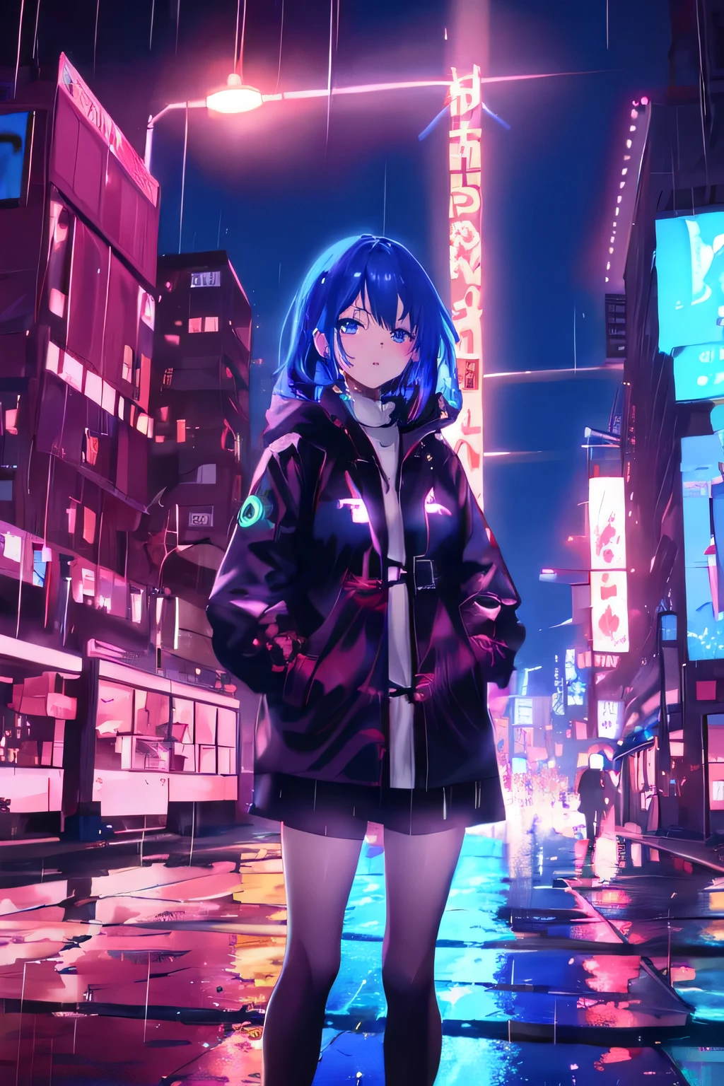 Anime girl standing in the rain in night city, 4k anime wallpaper, anime style 4 k, Animation Art Wallpaper 8k, anime wallpaper 4k, Anime Art Wallpaper 4k, Anime Art Wallpaper 4k, anime wallpaper 4k, best anime 4k konachan wallpapers, Cyberpunk anime girl in hoodie, anime style. 8k, Digital cyberpunk animation art