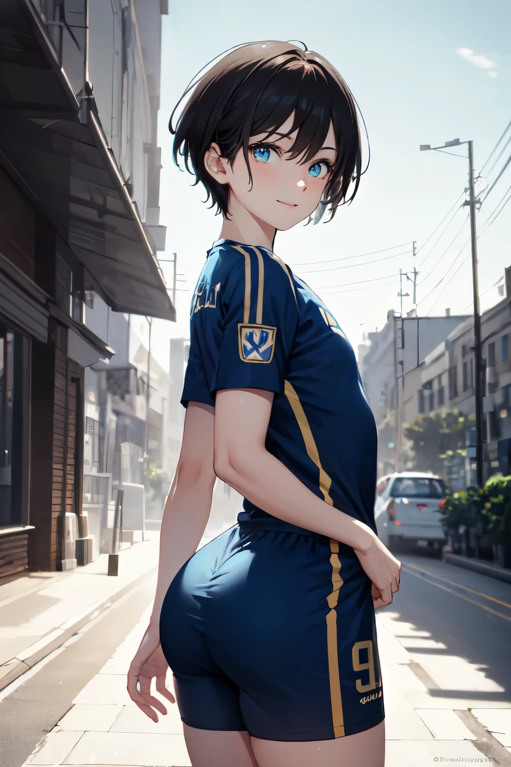 ((Best quality)), ((Masterpiece)), (Hinge), Perfect face, blue eyes, black short hair, male, blue and black clothes, cowboy shot, Yoichi Isagi v2.0, soccer ball, sports outfit, feminine, small build, puzzle pieces scattered around, puzzle piece, puzzle pieces, blue aura, (detailed, sharp details:1.3),(masterpiece:1.3), 1boy, innocent expression, skin texture, cute, (masterpiece, best quality, high quality, highres, ultra-detailed:1.1), male solo, masterpiece, anime, masterpiece, full body, outdoors, masterpiece, best quality, ultra-high-detailed, (White and tender skin), refined appearance, well-defined muscle lineasterpiece, best quality:1.2), looking at viewer, smile, glowy eyes, solo, beautiful blue eyes, floating puzzles, amazing 4k artstyle, cool eyes, cool eye effects, radiating lights, sanpaku, 1 male, male character, short hair, holding a soccer ball, short sleeves, , big thighs and ass, amazing 4k style, 8k,