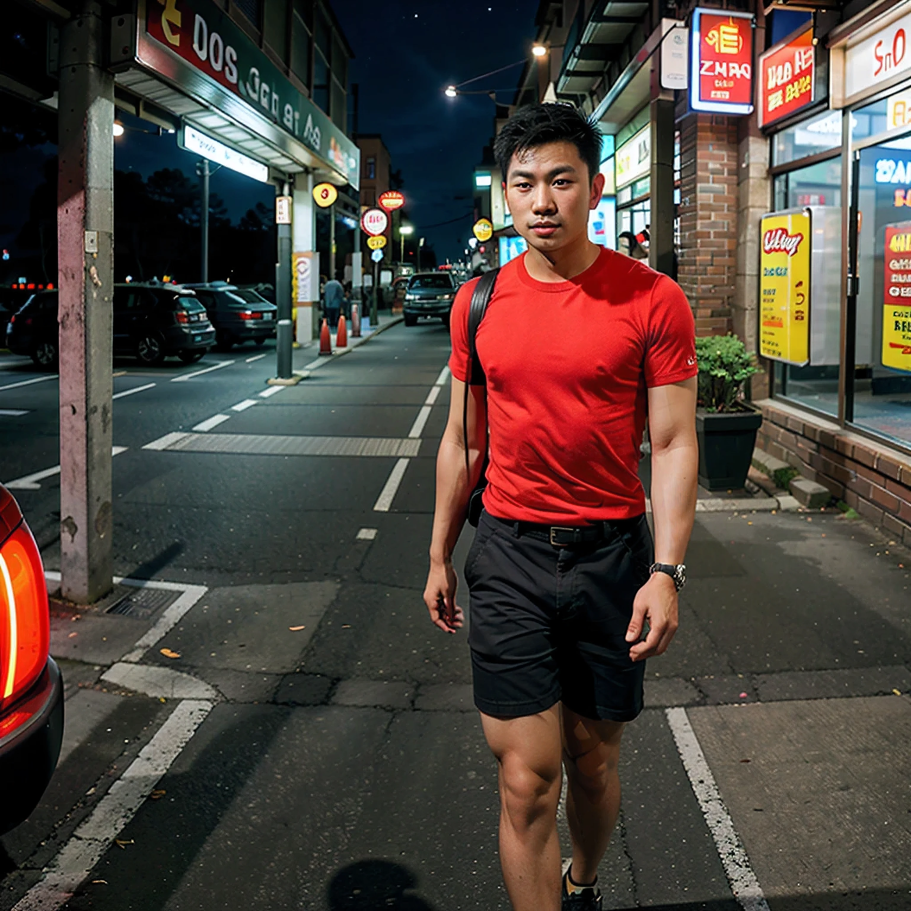 A Asian man with a cute face, fair skin, and short hair, wearing a tight red shirt, black shorts, and carrying a shoulder bag, is walking somewhere on the sidewalk of a parking lot surrounded by parked cars and looking ahead. In the nighttime, there is neon light from the ceiling., Nikon, f/1.2, Eye-Level Shot, Wide-Angle, bokeh, high quality, best quality, 4K
