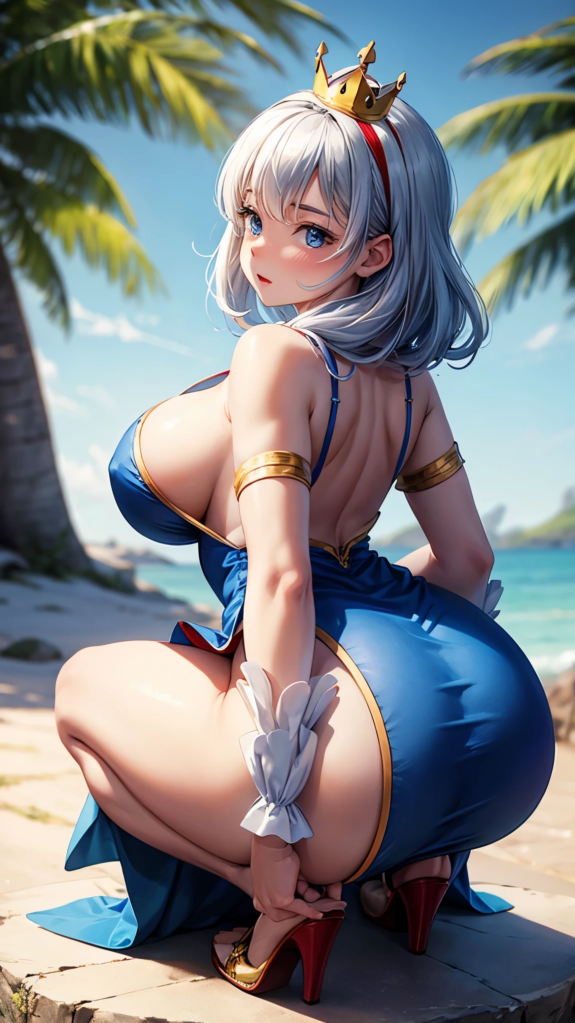 Snow white little blue dress with shoulders yellow, wearing crown and a little red thong , very big tits showing her ass in squat position