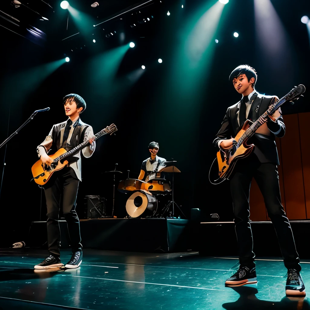 ロックバンドperformance, trio of guitar, bass and drums, high school student, 18-year-old, Dynamic and energetic live performance, performance, bright, smile, real, realistic, medium shot, a lot of spectators, enthusiasm, Spotlight, light effects