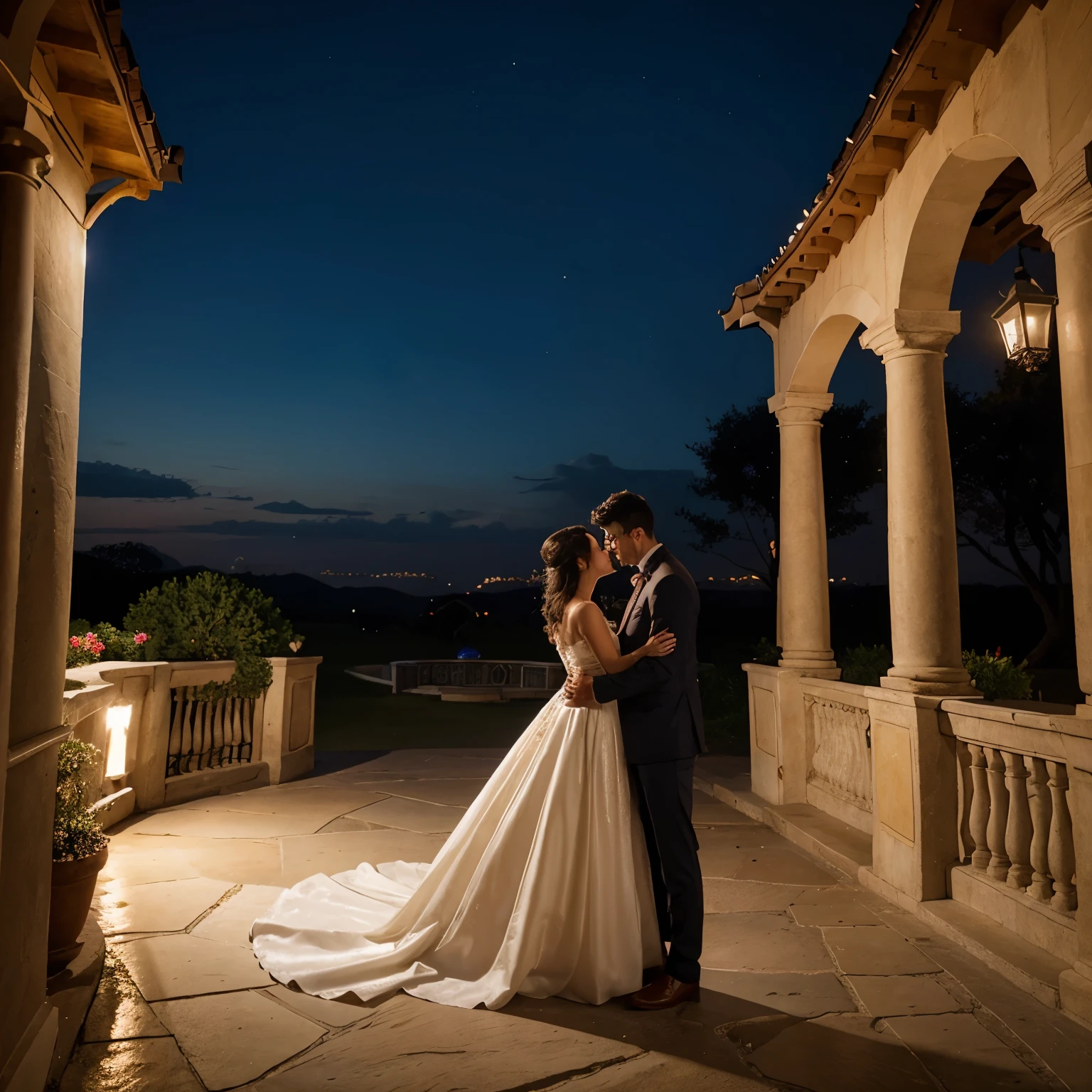 A romantic couple  in romantic place in romantic dress