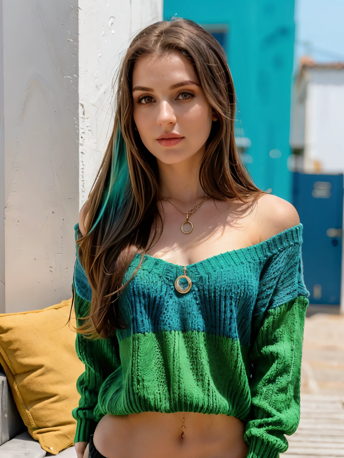um contato visual de uma morena com cabelo em coque, olhos azuis, ((Joana Portão)) 23 anos, flirting with the camera, colar, fora do ombro, colorful sweater, topless
