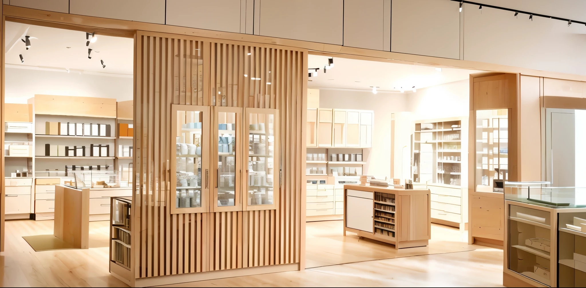 There is a shop,With glass display cabinets and wooden walls, retaildesignblog, Beautiful aesthetic design, Designed for comfortable aesthetics!, Me too, fashionable, store photos, hyperdetailed samsung store, bang olufsen, a lot of light, Exit store, light tone, Japan, Official store photos, masterpiece, Yo Yoshinari, Showroom scene,There are a lot of kitchen utensils and kitchen supplies in the beautiful cabinets, and many products in the cabinets, indoor, photorealistic, realistic, ultra-wide angle, high definition, 8K, high-definition aesthetics, 4k
