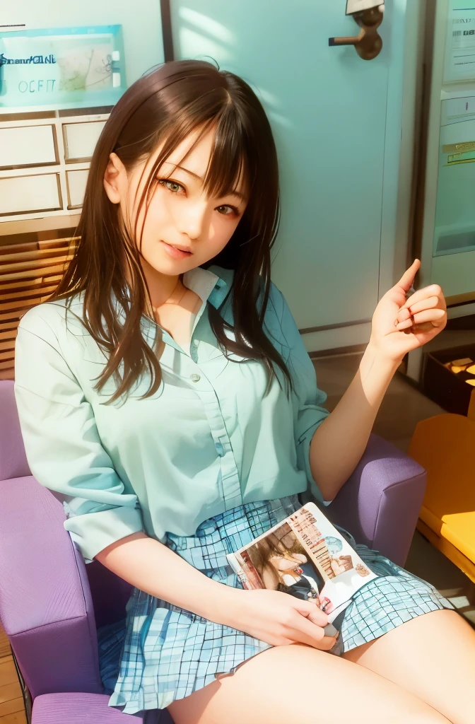 A woman in a blue shirt sits on a pink chair, young gravure idol, aoshima Chiho, narumi kakinouchi, Young and cute gravure idol, seifuku, realistic young gravure idol, Chiho, motto hole, rei hiroe, sakimichan, mayuri shiina, magazine photos