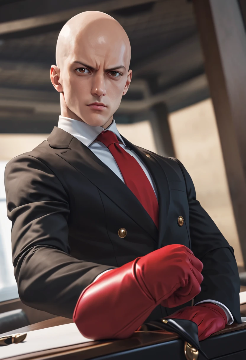 (masterpiece), ultra detailed, photoreal, Saitama from One Punch Man cosplaying as Hitman  from Agent 47