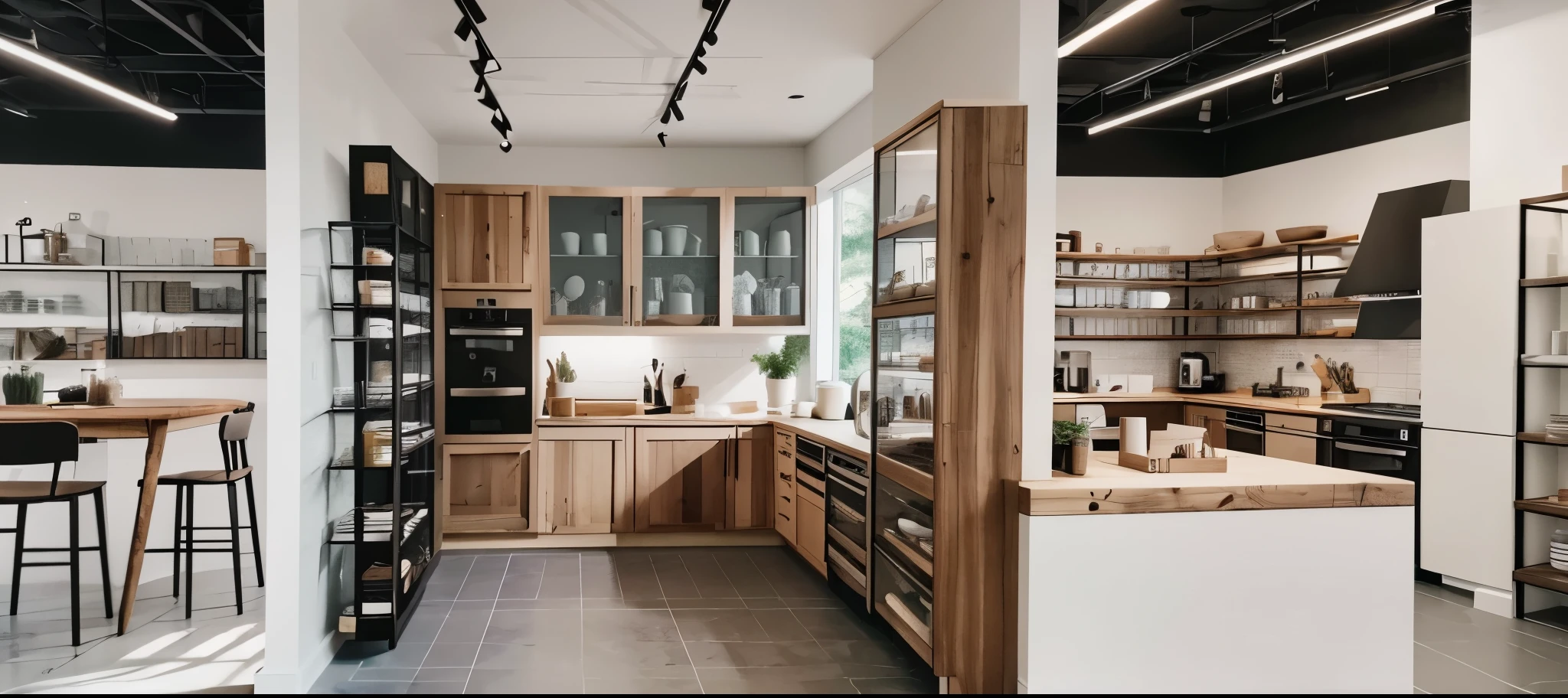 There are a lot of kitchen utensils and kitchen supplies in the beautiful cabinets, there are many products in the cabinets, there is a store with glass display cabinets and wooden walls, retail design blog, beautiful aesthetic design, designed for comfort aesthetics, interior, photorealistic, realistic, ultra-wide angle, high definition, 8K, high definition aesthetics, 4k