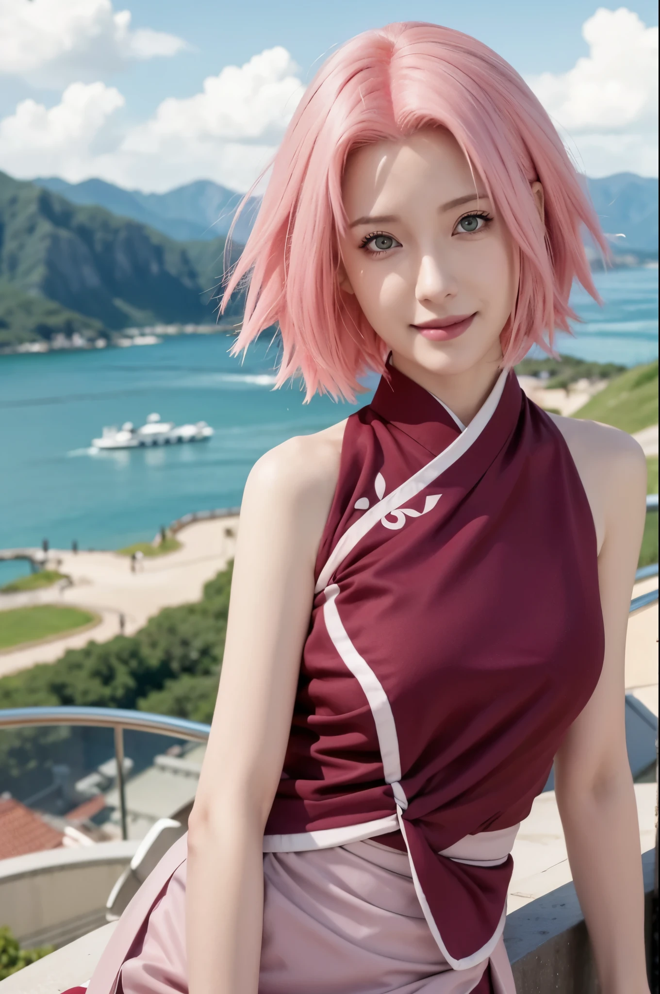 1fimale, sakura haruno in anime naruto shippuden, short hair, pink hair, green eyes, red kimono clothes, beautiful face, beautiful eyes, smile, konohagakure symbol, red lips, realistic, ultra detail, background city