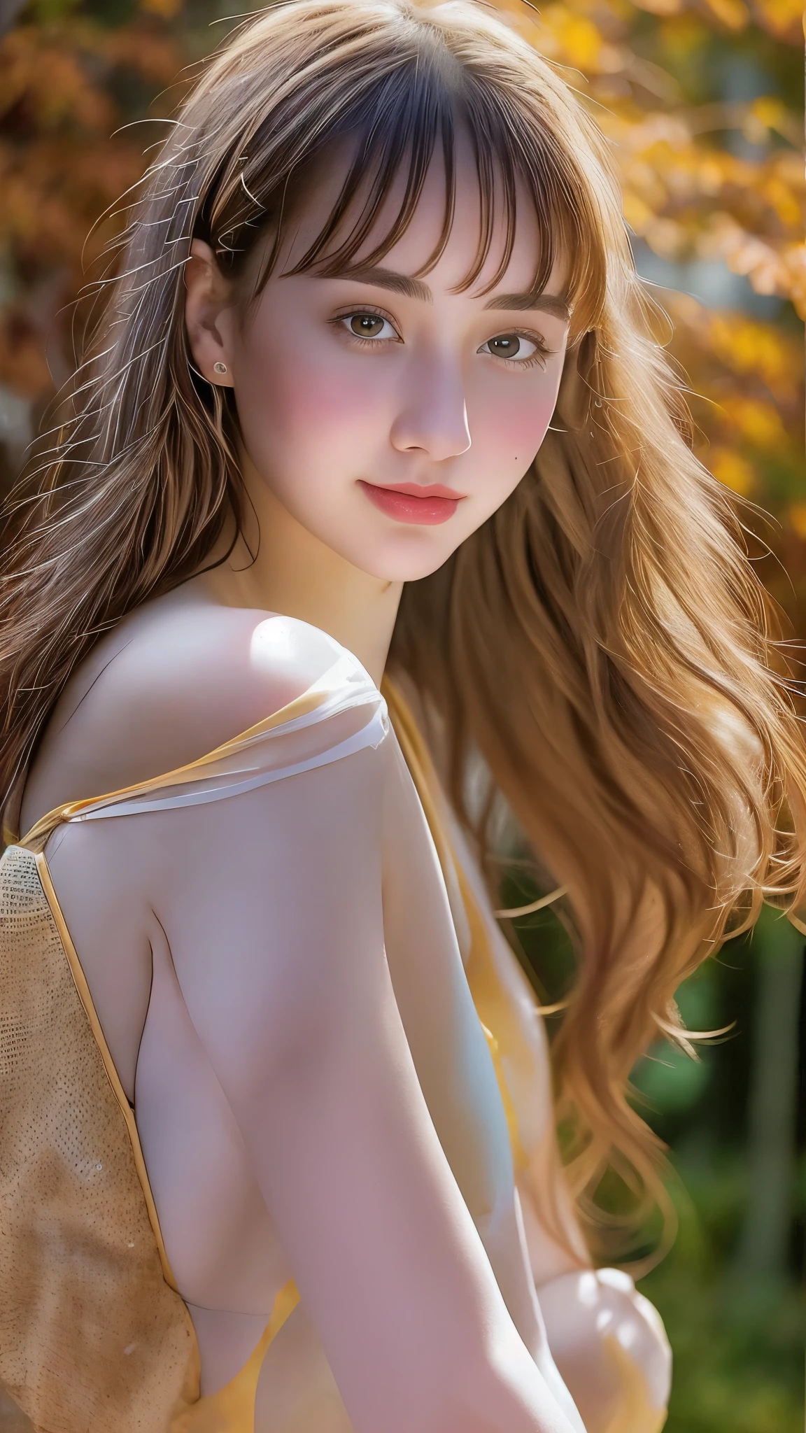 16ｋSuper high quality，(realistic:1.3), rembrandt lighting, (masterpiece:1.2), (photorealistic:1.2), (highest quality), (fine skin:1.3), (intricate details), ray tracing,1 girl, amazing beauty，Italian women, 21 years old, fine skin texture, (blush:0.5), Scattered beneath the surface, smile, up hair, bangs, hair between eyes, Standing pose in micro bikini，Full body shot，Image from head to knees， (bright sunny day, Autumn settings, autumn tree々or leaves, (It was transparent:1.2)
