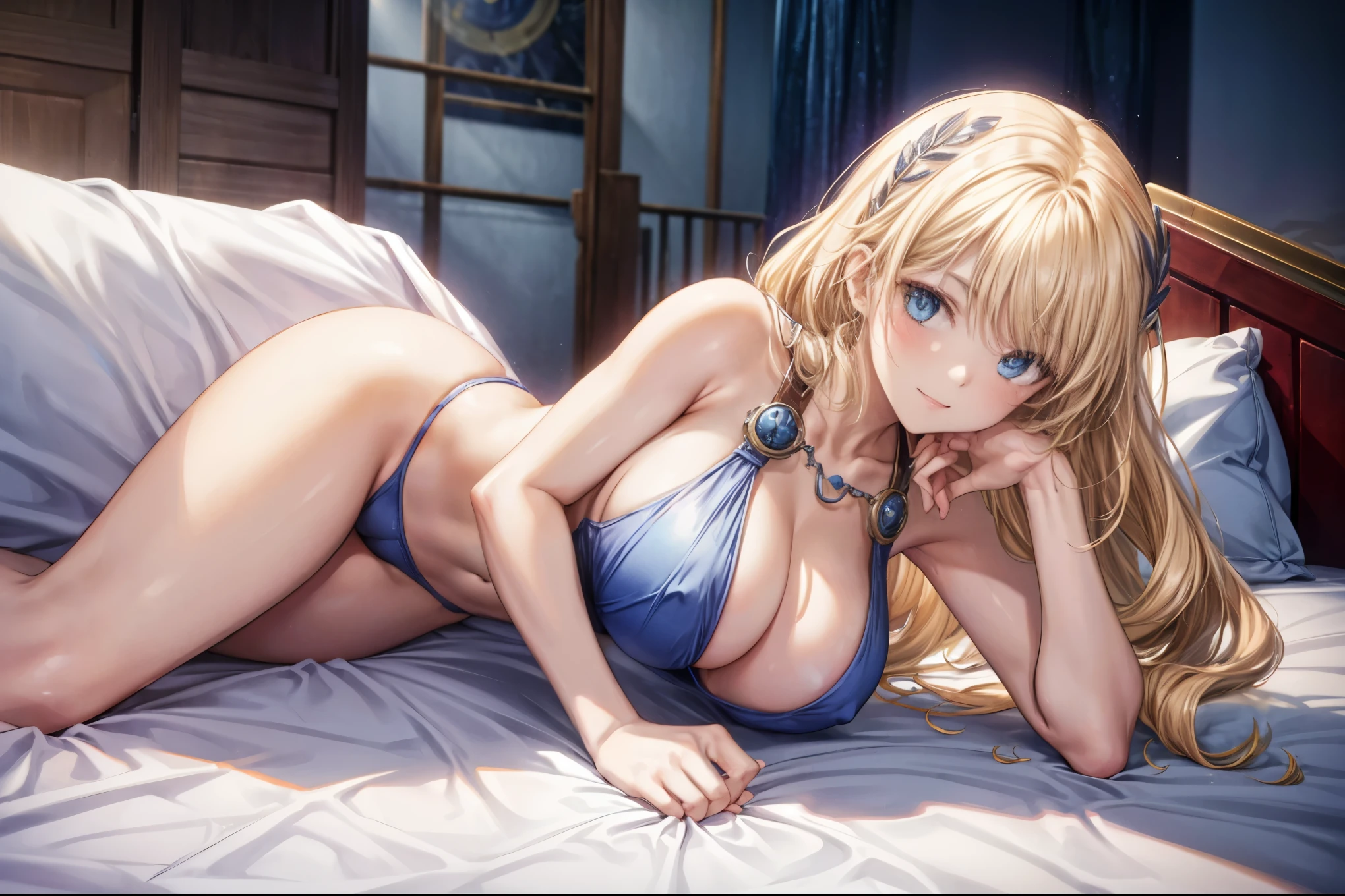 sensual, ((long blonde curly hair)), thick thighs, 8K, 4K, highest quality, High resolution:1.2), cute anime face, noise reduction, ((shining blue eyes, gentle smile, kind eyes))、toned abdominal muscles, muscular arms, muscular legs,  young face, anime eyes, (((big breasts、Breasts that are about to burst)))、(((whole body)))、sophitia、wearing lingerie、lie down on the bed