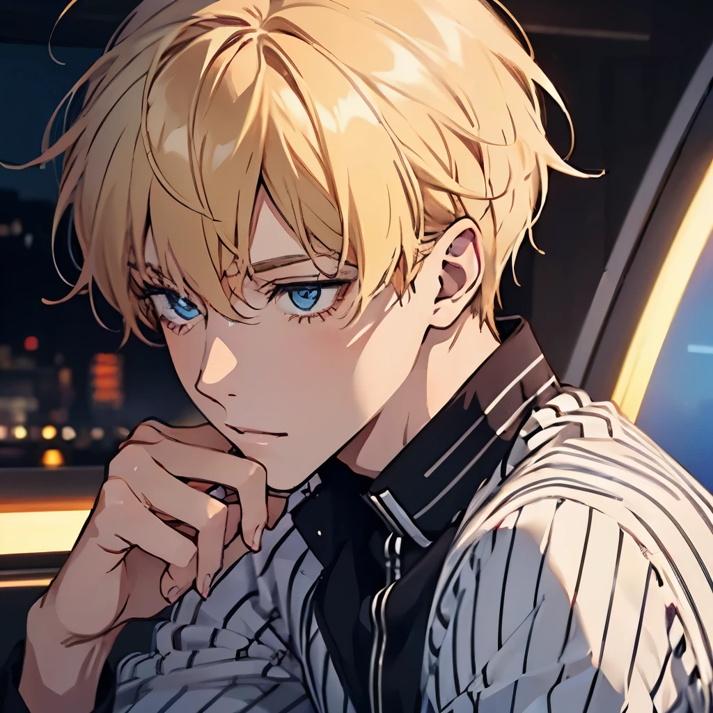 A male, Front View, slender, boy, blonde, colorful stripes shirt, happy, face focus, face close up, femboy, gay, fashionable, hazel eyes, flirty