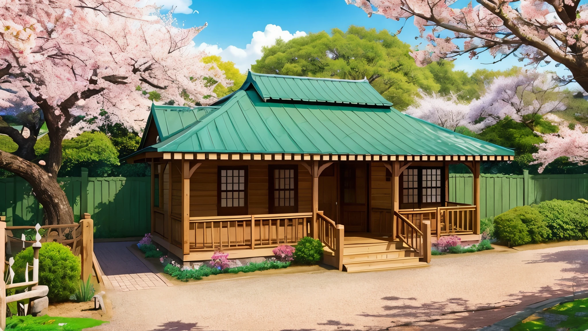 anime hut scenery Anime cherry blossom scenery、 peaceful cottage、
