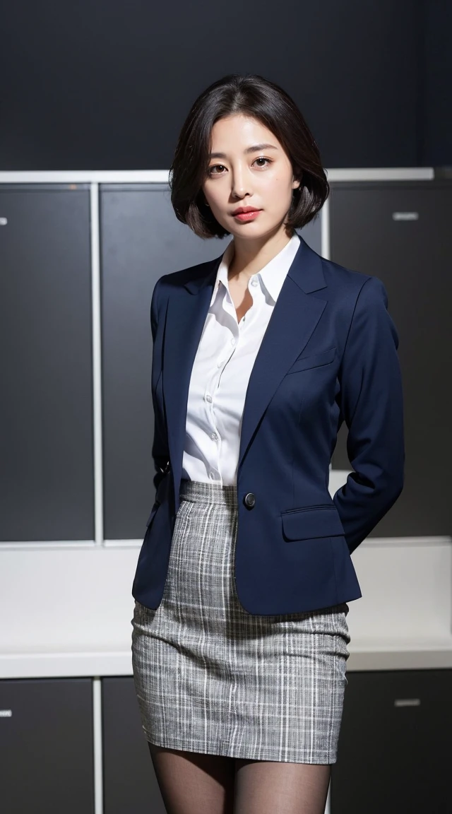 ((highest quality、8k、masterpiece:1.3))、Photoreal, sharp focus, High level image quality, High resolution, portrait, alone, Japanese, middle-aged women, beautiful woman, Sexy, (business suit, Tight Skirt:1.3), pantyhose, 43 years old, Plump, bob hair, wrinkles around the eyes, office changing room, Many steel lockers, dark background,