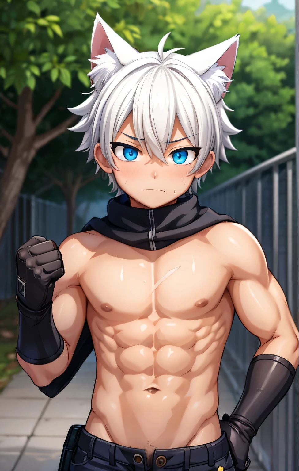 young boy, ripped abs, cat ear, sweating