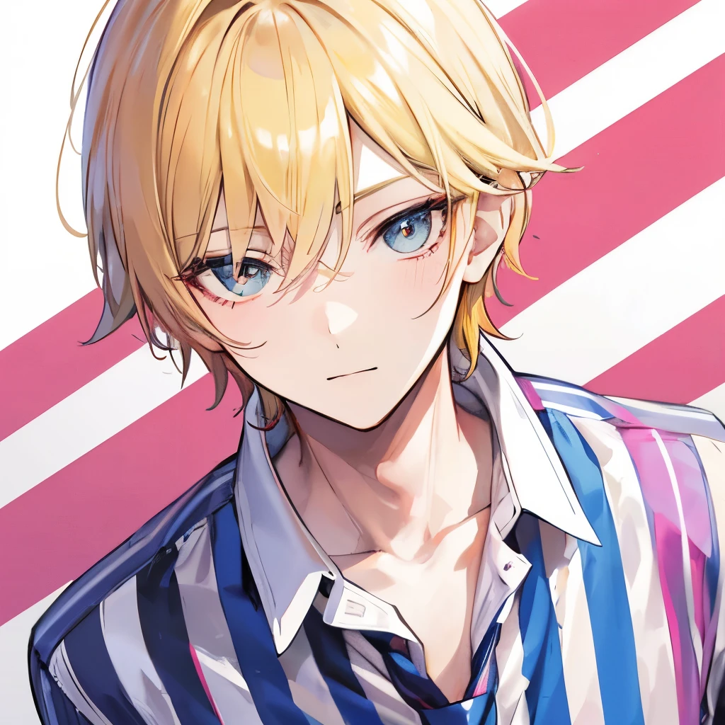 A male, Front View, slender, boy, blonde, colorful stripes shirt, happy, face focus, face close up, femboy, gay, fashionable, hazel eyes, flirty