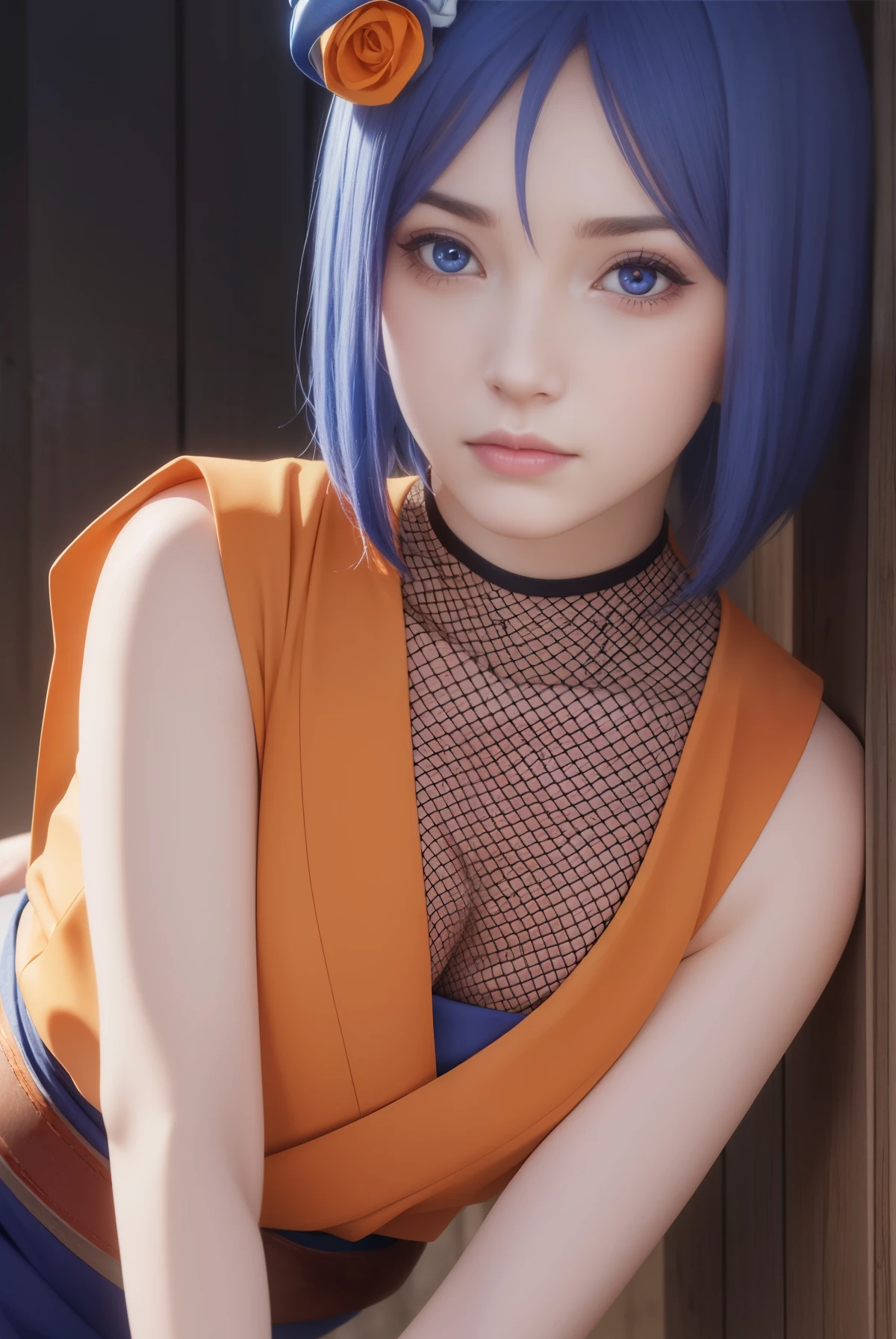 konan, konan, blue hair, (orange eyes:1.5), short hair, hair ornament, flower, hair flower,
BREAK fishnets, japanese clothes, skirt,
BREAK cowboy shot, looking at viewer,
BREAK outdoors,
BREAK (masterpiece:1.2), best quality, high resolution, unity 8k wallpaper, (illustration:0.8), (beautiful detailed eyes:1.6), extremely detailed face, perfect lighting, extremely detailed CG, (perfect hands, perfect anatomy),