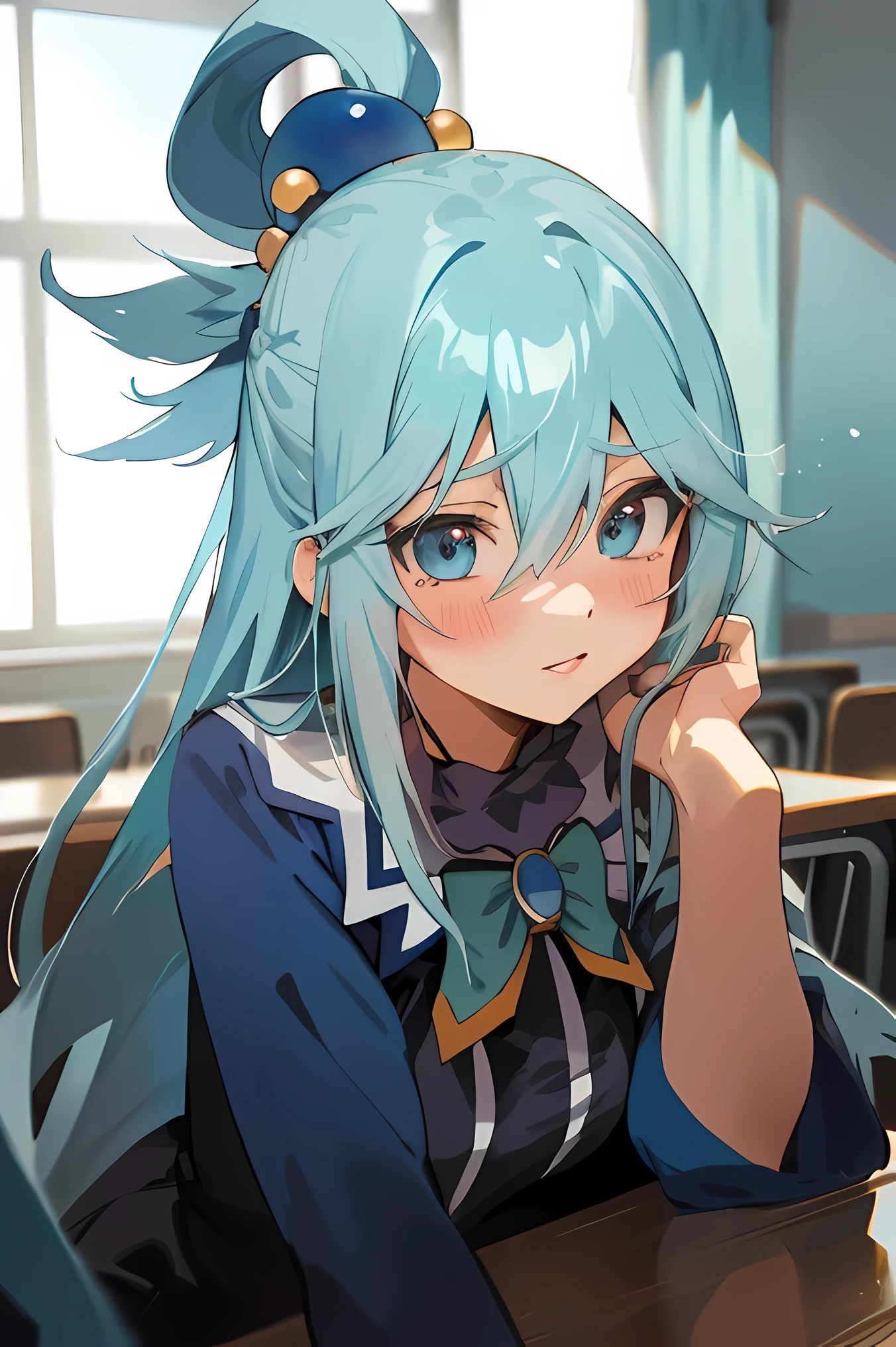 (aqua's detailed blue hair,blush,long hair between the eyes,hairpin in hair,shy,1girl,classroom,medium:aqua's anime konosuba style),beautiful detailed eyes,longeyelashes,beautiful detailed lips