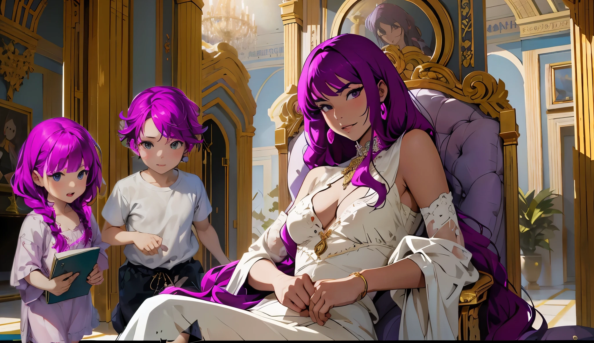 anime characters sitting on a chair in a room with a mirror, 