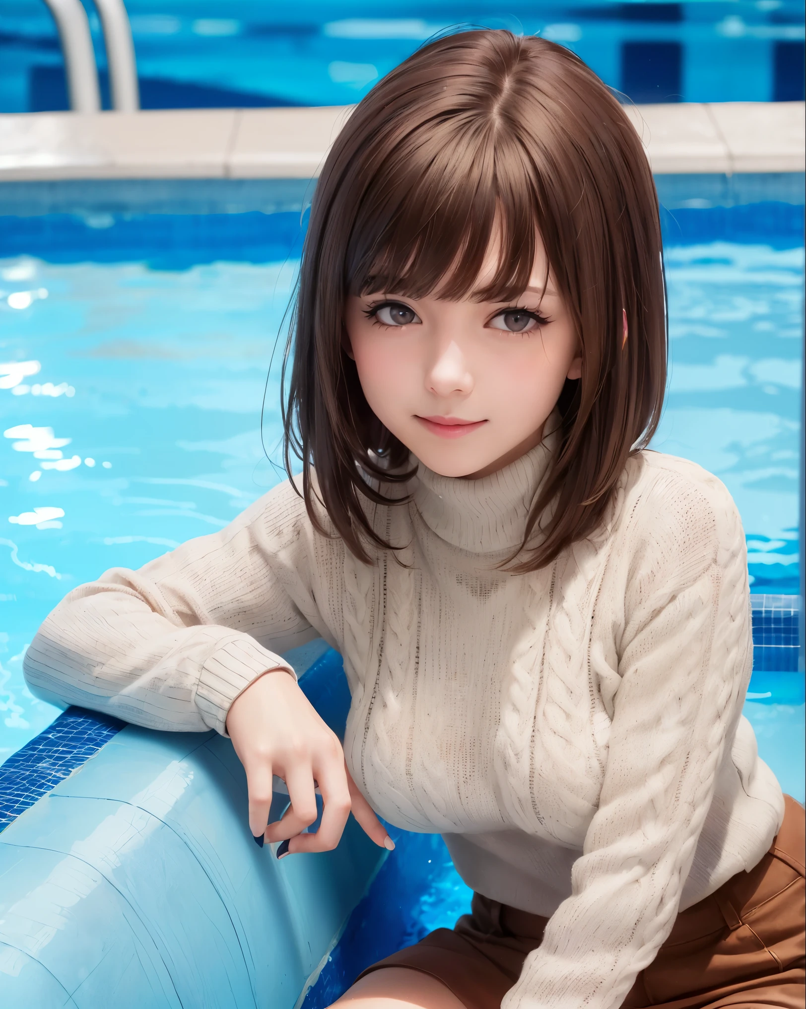 pureerosface_v1, BEST QUALITY, Photorealistic, 8K, High Definition, 1 Girl, Female, (Skindentation), (Portrait:0.6), Gorgeous, Dynamic Pose, ((Poolside Background:1.6)), Coconut Tree, ((Medium Size Round Breasted, White High Neck Sweater:1.4)), Look straight:1.8, (1 Eyes of a girl looking at the viewer, Medium length hair, Brown hair, Parted bangs:1.65), (Bokeh), Smile:1.2, (Mouth closed:1.16),Knees raised and legs open, Wearing plain black 80 denier tights, Seen wearing small white plain shorts, Sitting facing straight ahead, Hands on legs, Knitted dress,