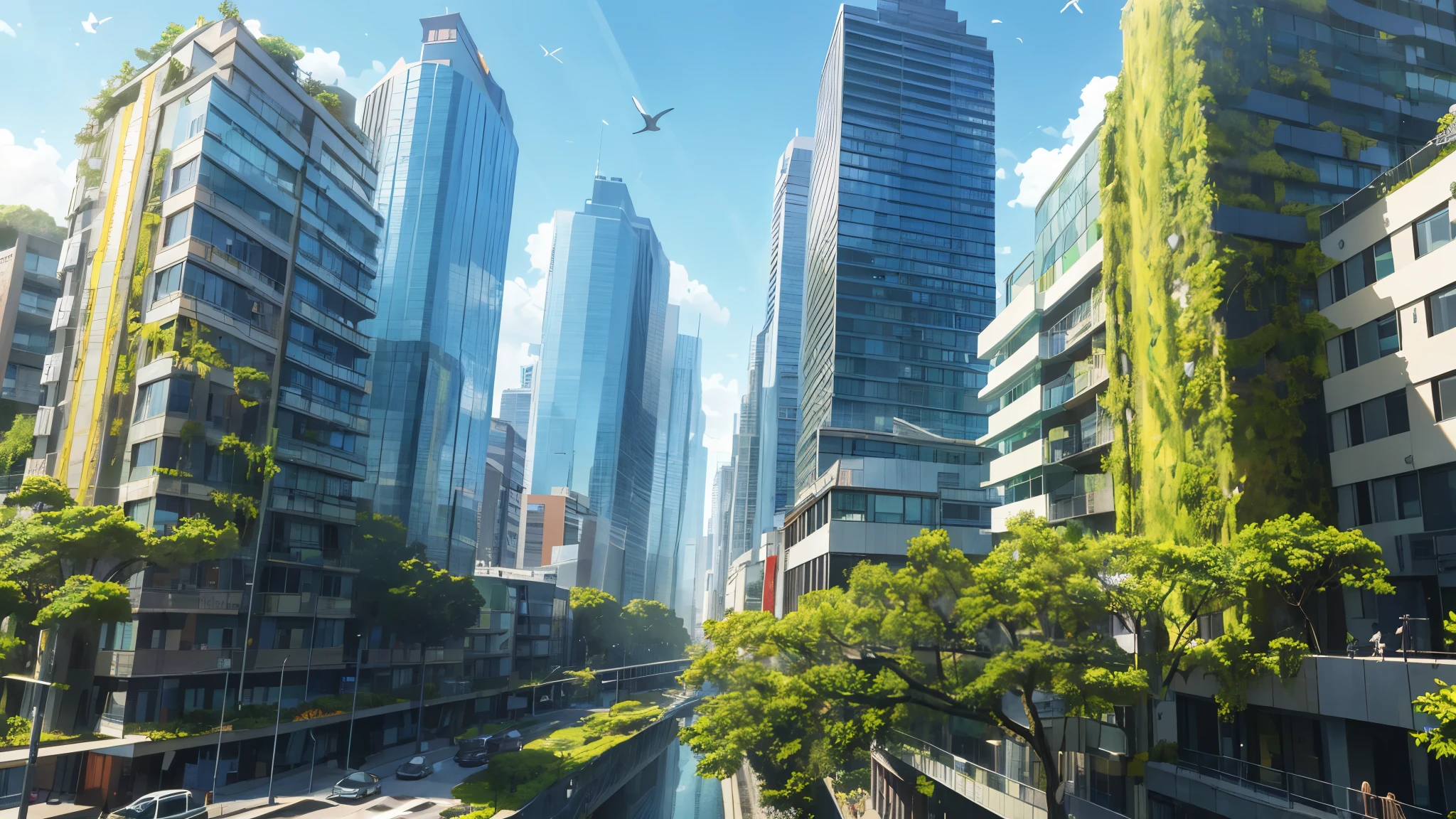 Create a masterpiece of a green cityscape, a high definition, 16K UHD image that captures the beauty and vibrancy of an eco-friendly urban environment. Depict lush vegetation and meticulously maintained gardens, towering trees filtering sunlight with leaves of various shades of green. Capture the crystal-clear blue sky above, dotted with white fluffy clouds. In the foreground, show multistory buildings with innovative modern architecture, sleek lines and sustainable energy sources integrated into their design. People can be seen strolling on the streets, dressed in vibrant colors, adding warmth and life to the scene. Gracefully flying overhead, birds complete the harmony between nature and urban advancement