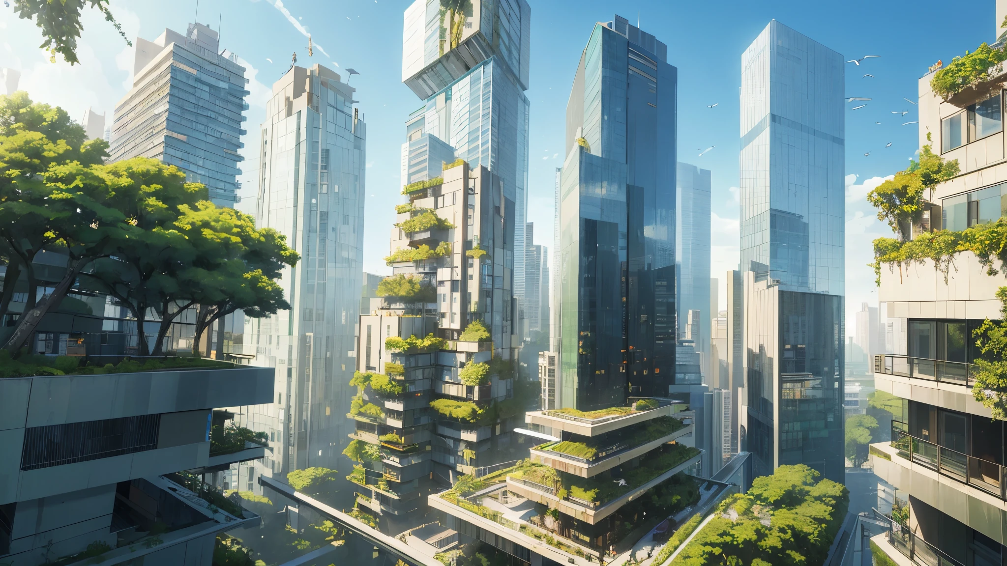 Create a masterpiece of a green cityscape, a high definition, 16K UHD image that captures the beauty and vibrancy of an eco-friendly urban environment. Depict lush vegetation and meticulously maintained gardens, towering trees filtering sunlight with leaves of various shades of green. Capture the crystal-clear blue sky above, dotted with white fluffy clouds. In the foreground, show multistory buildings with innovative modern architecture, sleek lines and sustainable energy sources integrated into their design. People can be seen strolling on the streets, dressed in vibrant colors, adding warmth and life to the scene. Gracefully flying overhead, birds complete the harmony between nature and urban advancement