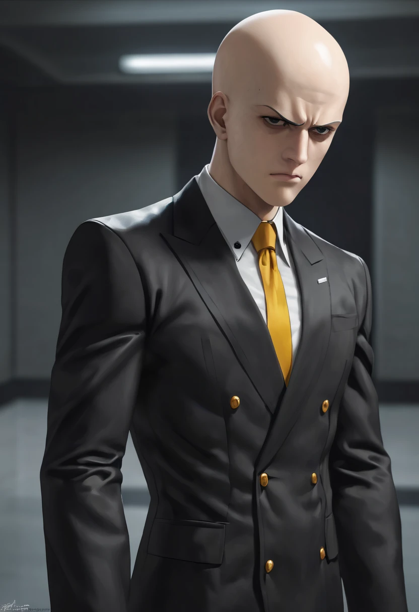 (masterpiece), ultra detailed, photoreal, Saitama from One Punch Man cosplaying as Agent 47 from Hitman