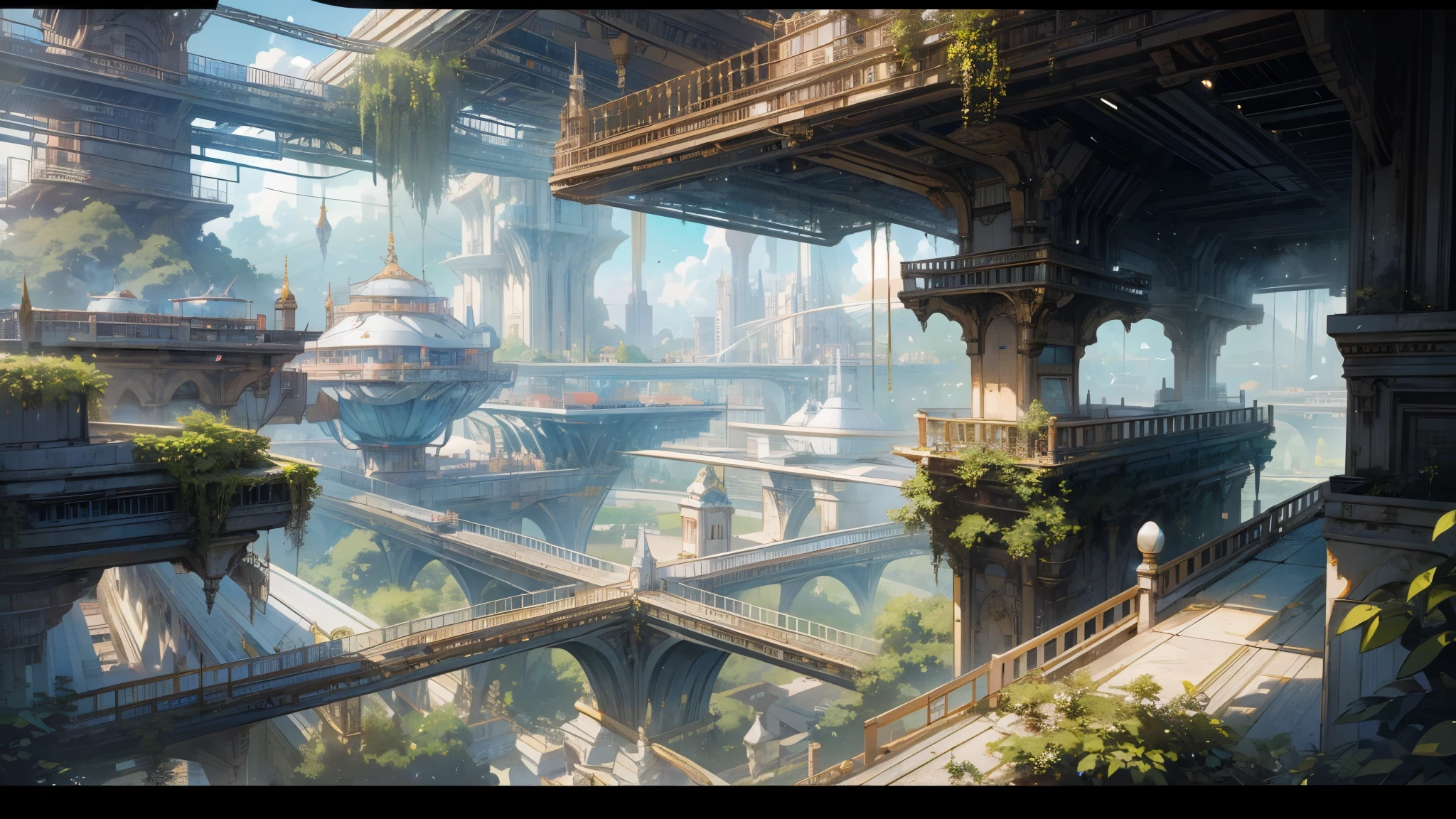 "A breathtaking masterpiece unfolds before us in 16K UHD, an intricately crafted futuristic scene that pushes the boundaries of cutting-edge technology. Floating cityscape architecture gleams in the distance, a dazzling array of ultramodern marvels, bejeweled with reflective surfaces that shimmer and sparkle. A colossal urban high-tech tablet platform hovers above, suspended by unseen forces, while airships of varying sizes drift serenely in the sky.
Futuristic technology seamlessly intertwines with nature, transparent paths weaving between buildings and lush greenery cascading from terraces and roofs
