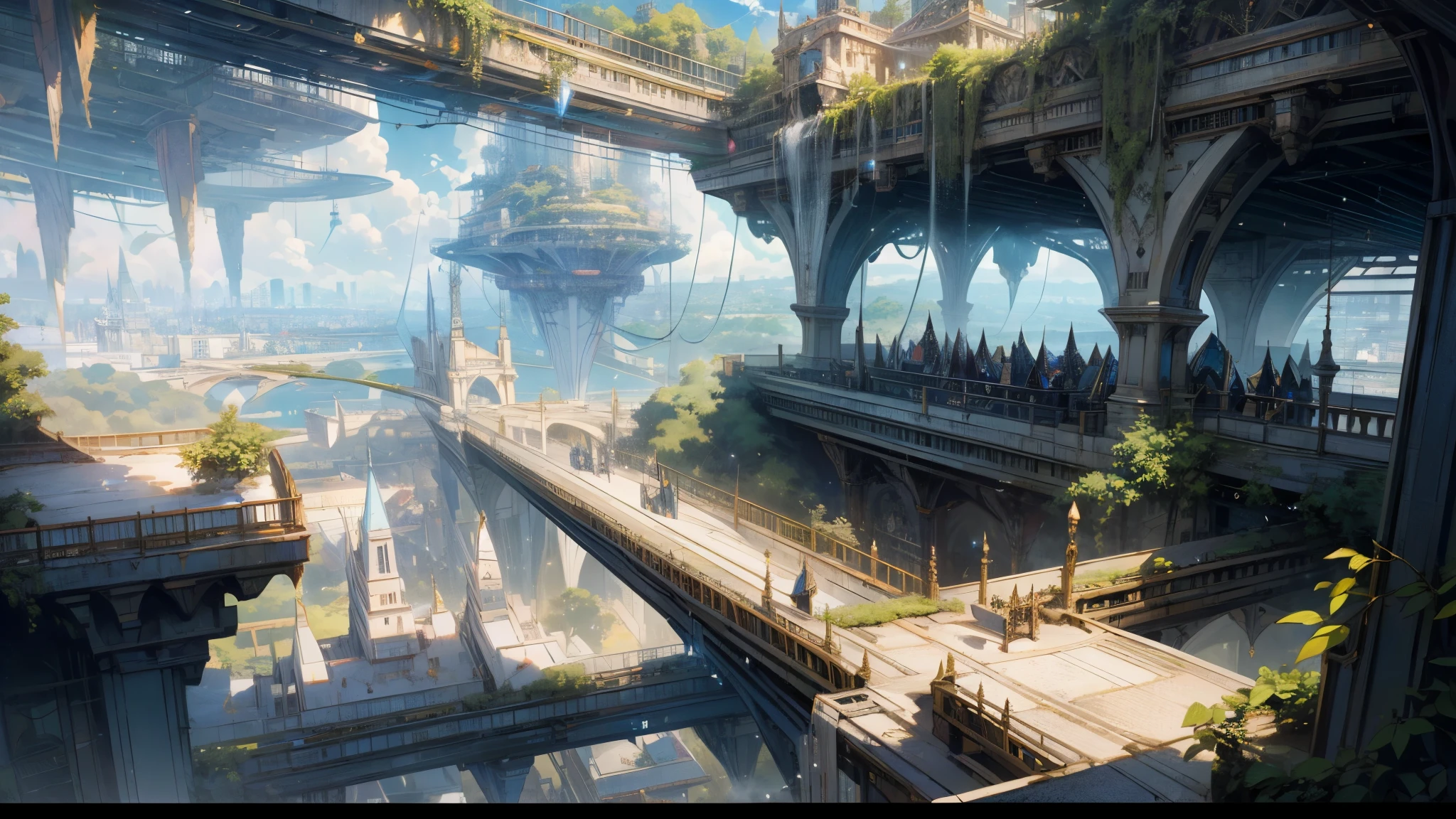 "A breathtaking masterpiece unfolds before us in 16K UHD, an intricately crafted futuristic scene that pushes the boundaries of cutting-edge technology. Floating cityscape architecture gleams in the distance, a dazzling array of ultramodern marvels, bejeweled with reflective surfaces that shimmer and sparkle. A colossal urban high-tech tablet platform hovers above, suspended by unseen forces, while airships of varying sizes drift serenely in the sky.
Futuristic technology seamlessly intertwines with nature, transparent paths weaving between buildings and lush greenery cascading from terraces and roofs