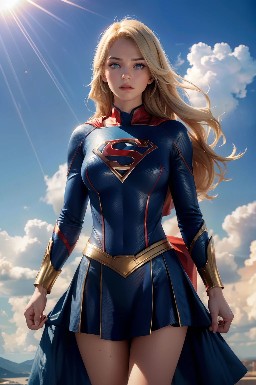 Supergirl #11 from DC Comics, Masterpiece, Best Quality, Ultra High Definition, Chromatic Purity, (Ultra HD Image: 2.1), Chromatic aberration correction, Vibrant colors, (Chromatic Purity: 1.5), HDR toning, Ultra-sharp details, Cinematic lighting, 1 girl, flying, ((Supergirl costume, red and blue))), ((Detailed face, expressive eyes)), BREAK, (((Clear blue sky, clouds)))), ((Sun rays))).